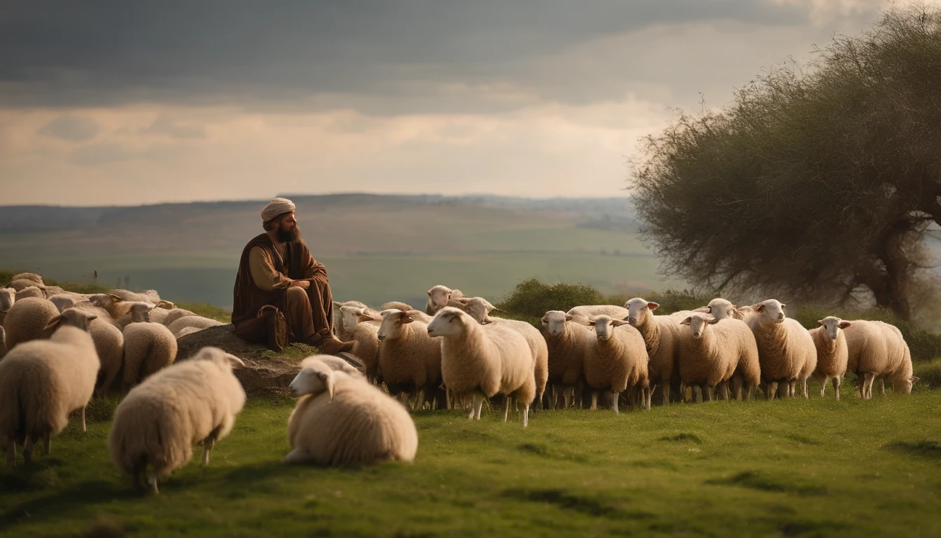 Go back in time, to the period of the first century in Judea, a young sheepherder, is sitting on a rock, while his sheep feed on the green grass. ultra resolution, very high quality 8k, panoramic view