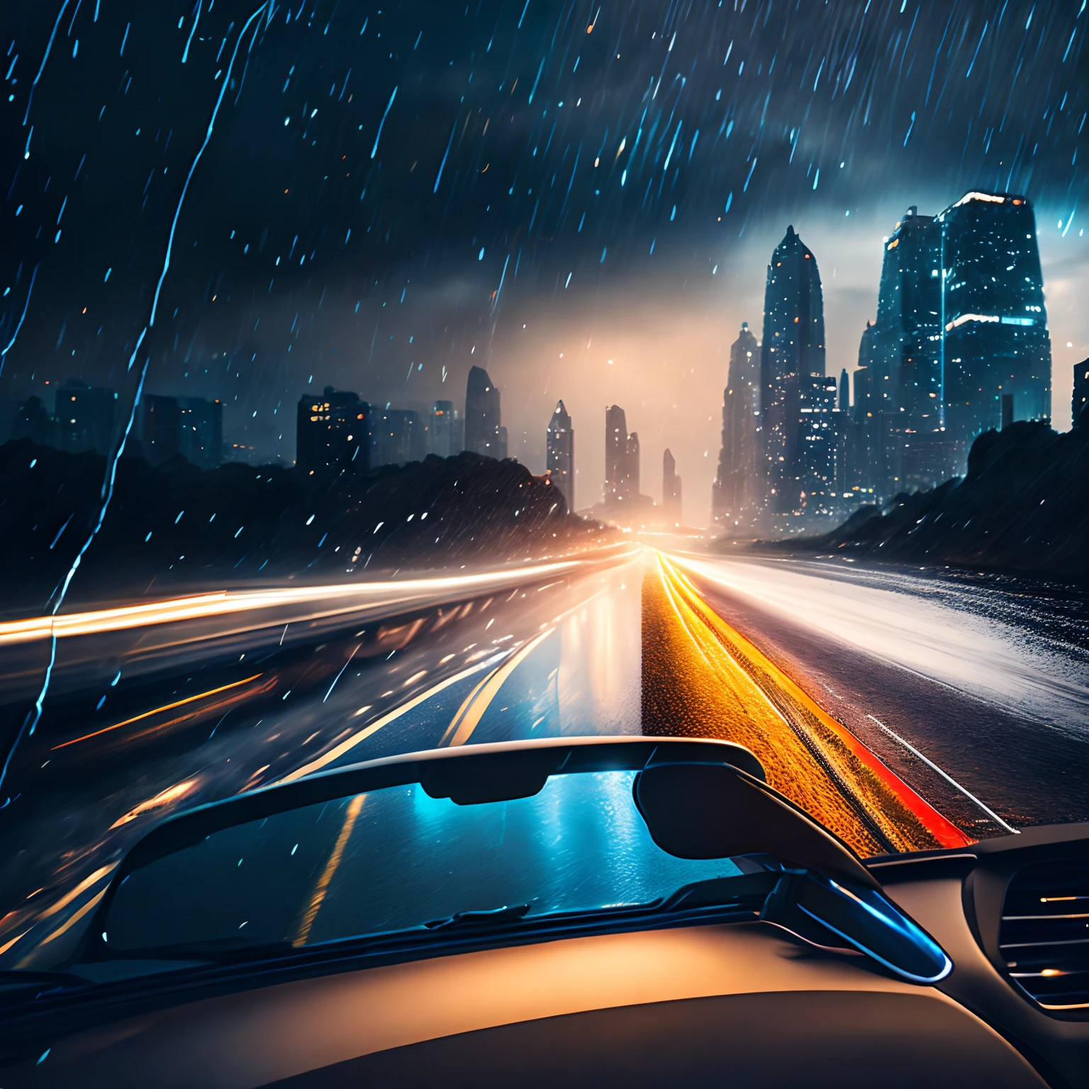 finest image, (8k, RAW photo, realistic), detailed and delicate depiction and flashy and dynamic painting method, View from inside a car driving on the highway. On the highway at night, pouring rain, raindrops reflected in the light of road lights, raindrops reflected in the headlights of a car, using the wipers to ensure visibility on the windshield that becomes cloudy due to rain. background Cityscape and lights visible in the distance. Fantastic scenery