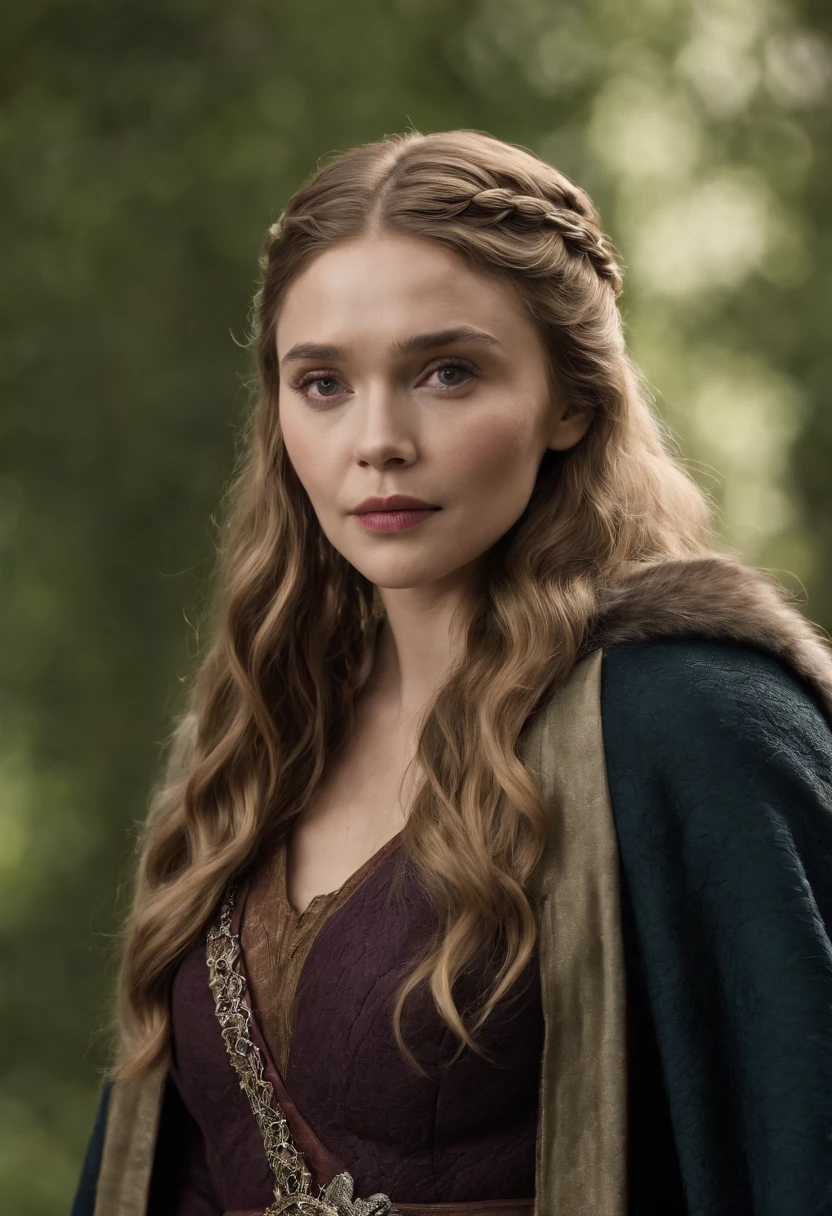 Young Elizabeth Olsen as Cersei Lannister on Game of Thrones, with natural withe hair, ultra realistic, focus