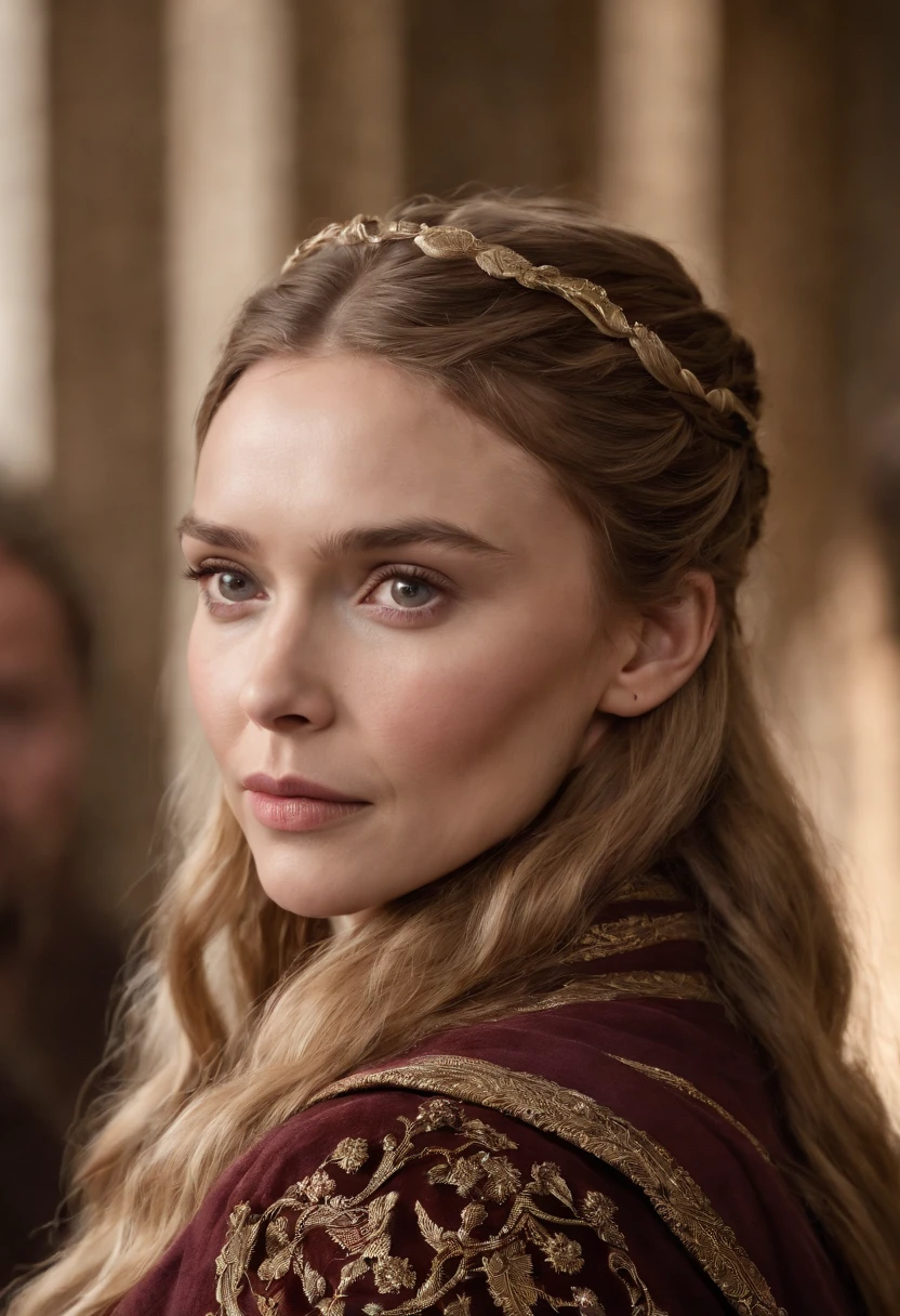 Young Elizabeth Olsen as Cersei Lannister on Game of Thrones, with natural withe hair, ultra realistic, focus