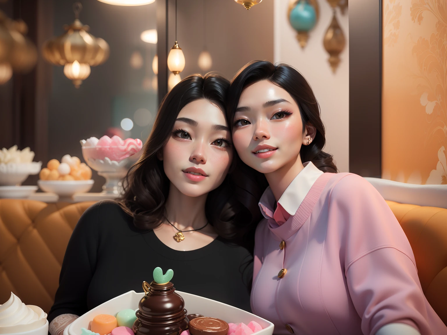 masterpiece, best quality, 3d rendering work, 3DMM style, close-up, portrait, 3D, two young Asian women, beautiful skin, brown eyes, medium wavy black hair, sweet smile, 80 kg overweight, gradient background. Colors Candy color, cute