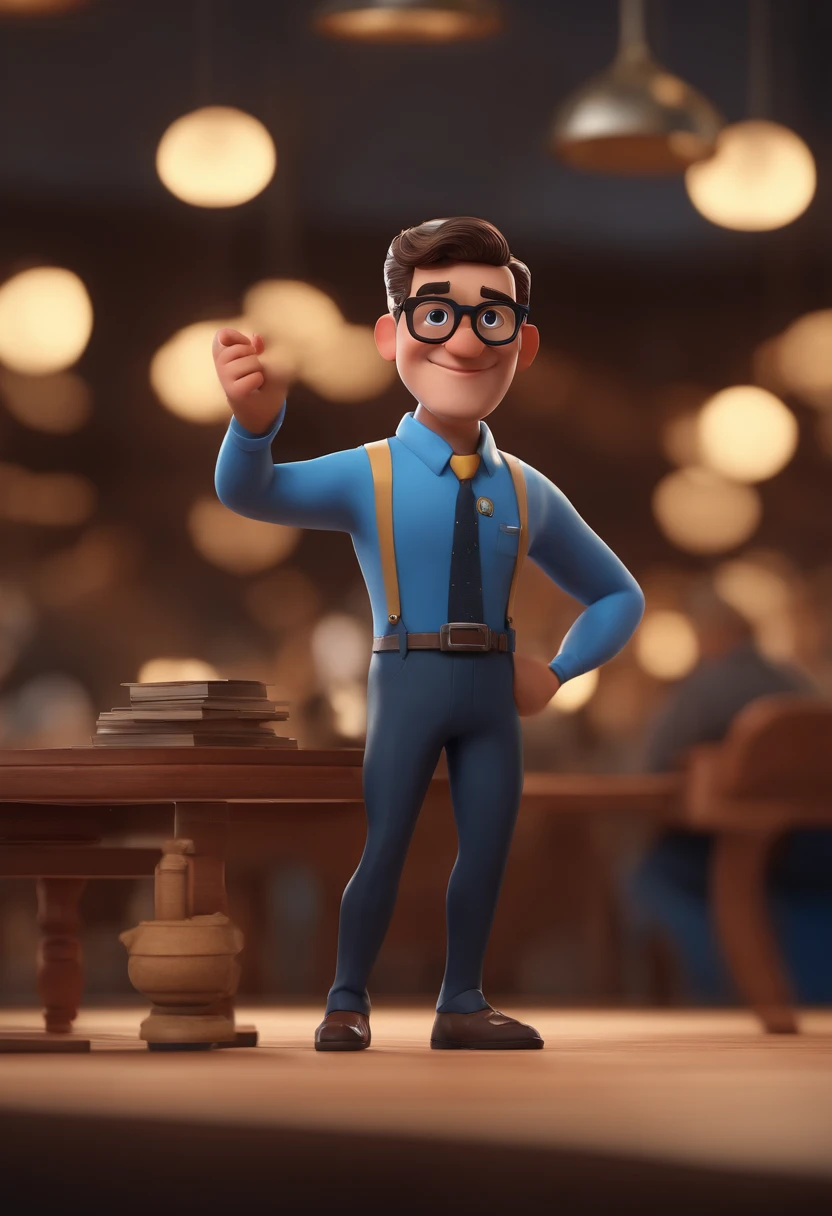 Cartoon character of a man with black glasses and a blue shirt, animation character, Caractere estilizado, animation style rendering, 3D estilizado, Arnold Maya render, 3 d render stylized, toon render keyshot, Personagem 3D, Personagem 3D, 3d rendering stylized, 3 d character render, personagem de desenho animado, Personagem de close up, Pose de personagem,  (Estilo Pixar) (master part:1.2) (Bokeh) (best quality) (pele detalhada) (textura detalhada) (8k) (argila) (Cinematic lighting) (foco nítido