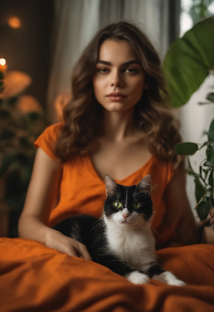 Dois rapazes jovens, um com cabelo escuro, oum com cabelo claro, olhos verdes, apaixonados por gatos laranjas junto com seu gato laranja deitado na cama
