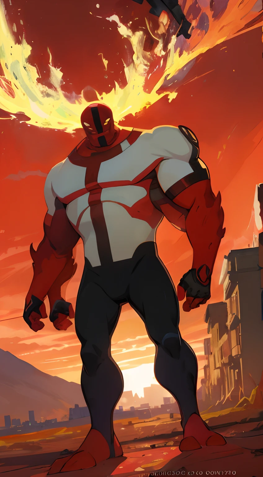 fourarms, Araffe con un traje rojo y blanco parado frente a un fuego, hero pose colorful city lighting, Badass Anime 8K, Arte Oficial, cinabrio, Arte oficial del personaje, Gigante de hierro al atardecer, an epic anime of an energy man, Ilustraciones de fondo, Ilustraciones oficiales, Marvel Animation, Arte conceptual oficial, villain wearing a red oni mask, the strongest superhero