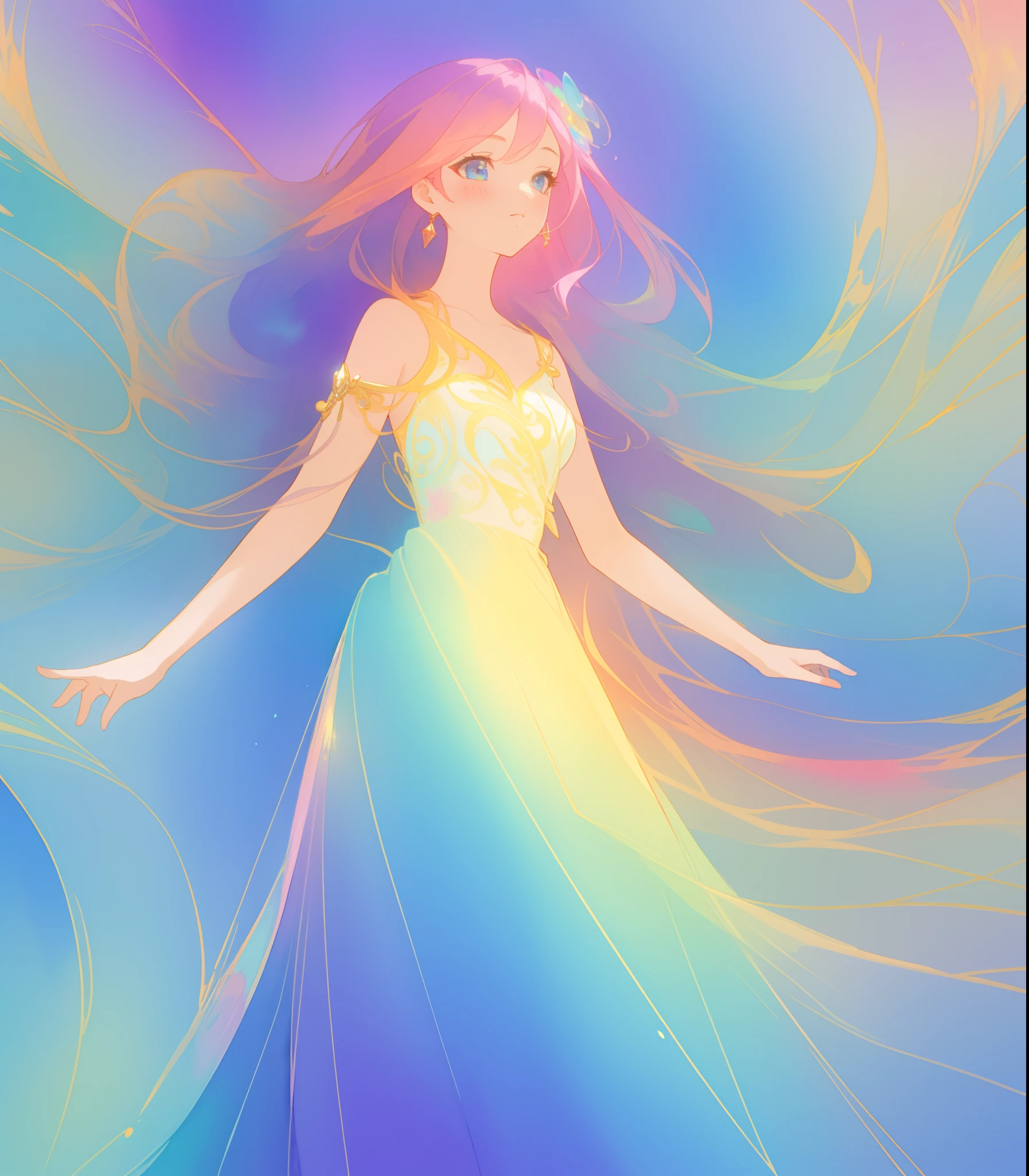 beautiful girl in flowing multi-layered colorful ballgown, long flowing colorful hair, vibrant pastel colors, colorful, watercolor illustration, masterpiece, best quality, sharp focus, intricate detail, highly detailed, 8k resolution, beautiful face, golden ratio, perfection, fantasia background, otherworldly, whimsical, magical