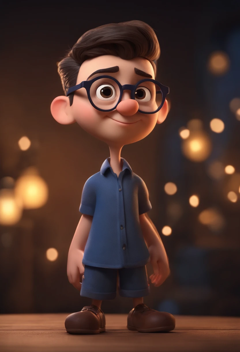Cartoon character of a man wearing black glasses and a blue shirt, um personagem animado, Caractere estilizado, animation style rendering, 3D estilizado, Arnold Maya render, 3 d render stylized, toon render keyshot, Personagem 3D, Personagem 3D, 3d rendering stylized, 3 d character render, personagem de desenho animado, Personagem de close up, Pose de personagem, (Estilo Pixar) (master part:1.2) (Bokeh) (best quality) (pele detalhada) (textura detalhada) (8k) (argila) (Cinematic lighting) (foco nítido,Senta e vaza a parte superior do corpo