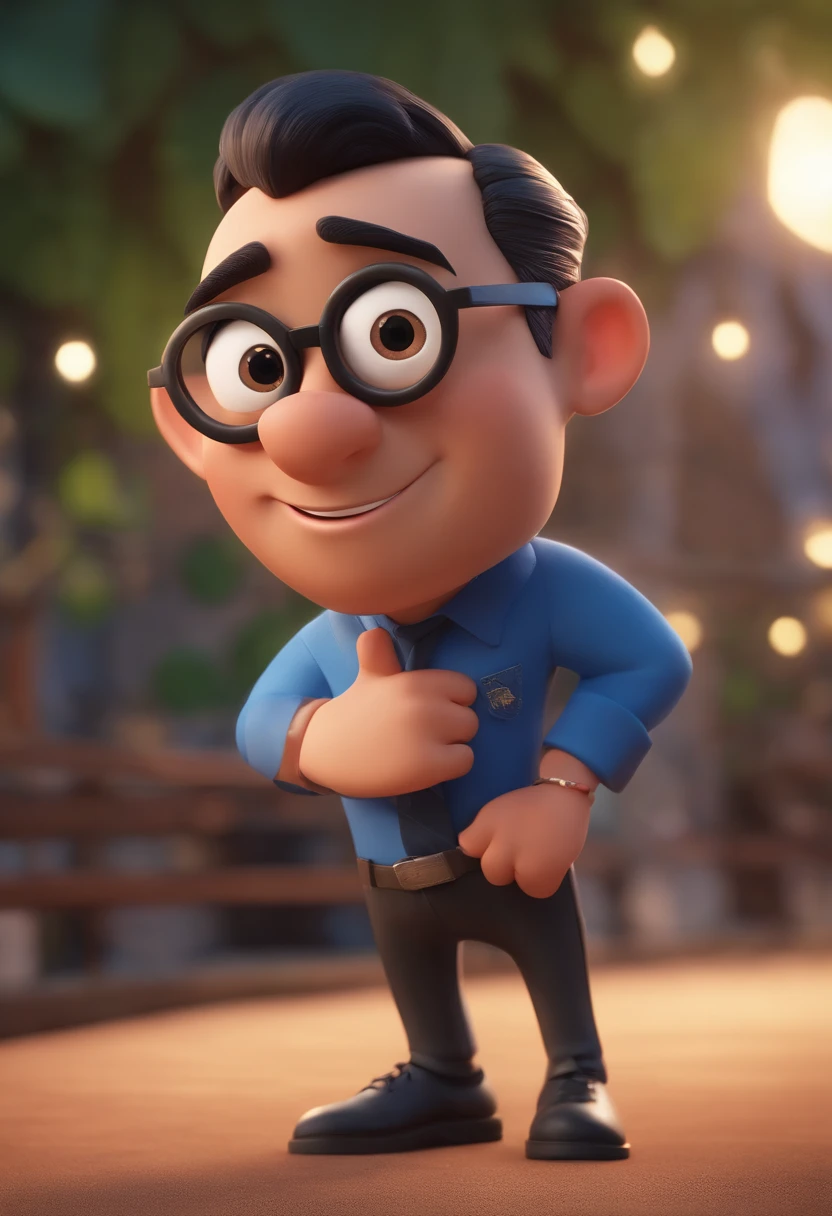 Cartoon character of a man wearing black glasses and a blue shirt, um personagem animado, Caractere estilizado, animation style rendering, 3D estilizado, Arnold Maya render, 3 d render stylized, toon render keyshot, Personagem 3D, Personagem 3D, 3d rendering stylized, 3 d character render, personagem de desenho animado, Personagem de close up, Pose de personagem, (Estilo Pixar) (master part:1.2) (Bokeh) (best quality) (pele detalhada) (textura detalhada) (8k) (argila) (Cinematic lighting) (foco nítido,Senta e vaza a parte superior do corpo