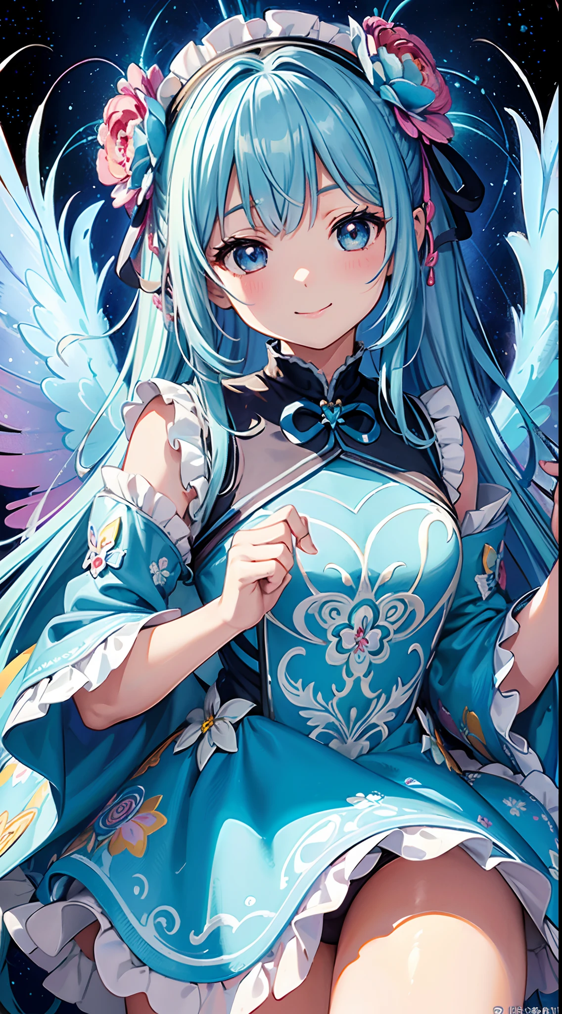 (​masterpiece、top-quality、top-quality、Official art、Beautifully Aesthetic:1.2)、(1girl in:1.3)Light blue long hair、Twin-tailed、adorable smiling、ighly detailed、(Fractal Art:1.1)、(colourfull:1.1)(florals:1.3)、highestdetailed、(Zentangle:1.2)、(dynamicposes)、(Abstract background:1.3)、(shinny skin)、(Many colors:1.4)、、(耳Nipple Ring)、(pluma:1.5)、White background、See-Through Phoenix Leotard、Angel wings shining in seven colors、1 kawaii girl、adorable smiling、Twin tails with long light blue hair、Colorful angel costume in lolita style with ruffles、A blizzard of fluttering flowers(Some photos)、((top-quality))、((​masterpiece))、(ighly detailed、highestdetailed、Official art、Beautifully Aesthetic:1.2)