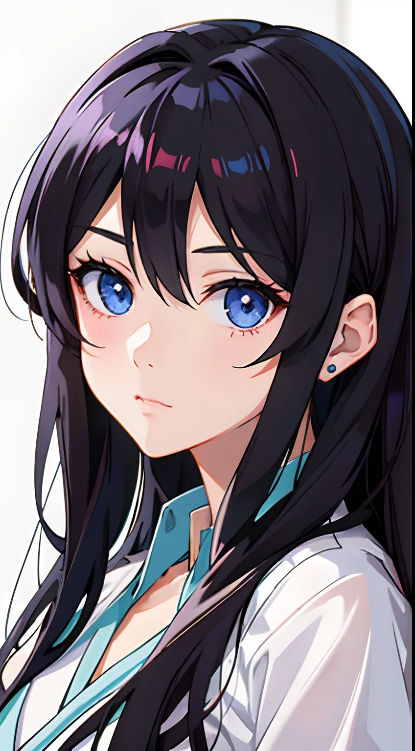 Anime girl with long black hair and blue eyes in white shirt, Beautiful Anime Portrait, anime style 4 k, Beautiful anime girl, portrait of cute anime girlbabes, Anime style. 8K, anime style portrait, pretty anime girl, detailed portrait of an anime girl, Portrait Anime Girl, Stunning anime face portrait, portrait of cute anime girlbabes, charming anime girls, Beautiful Anime Face
