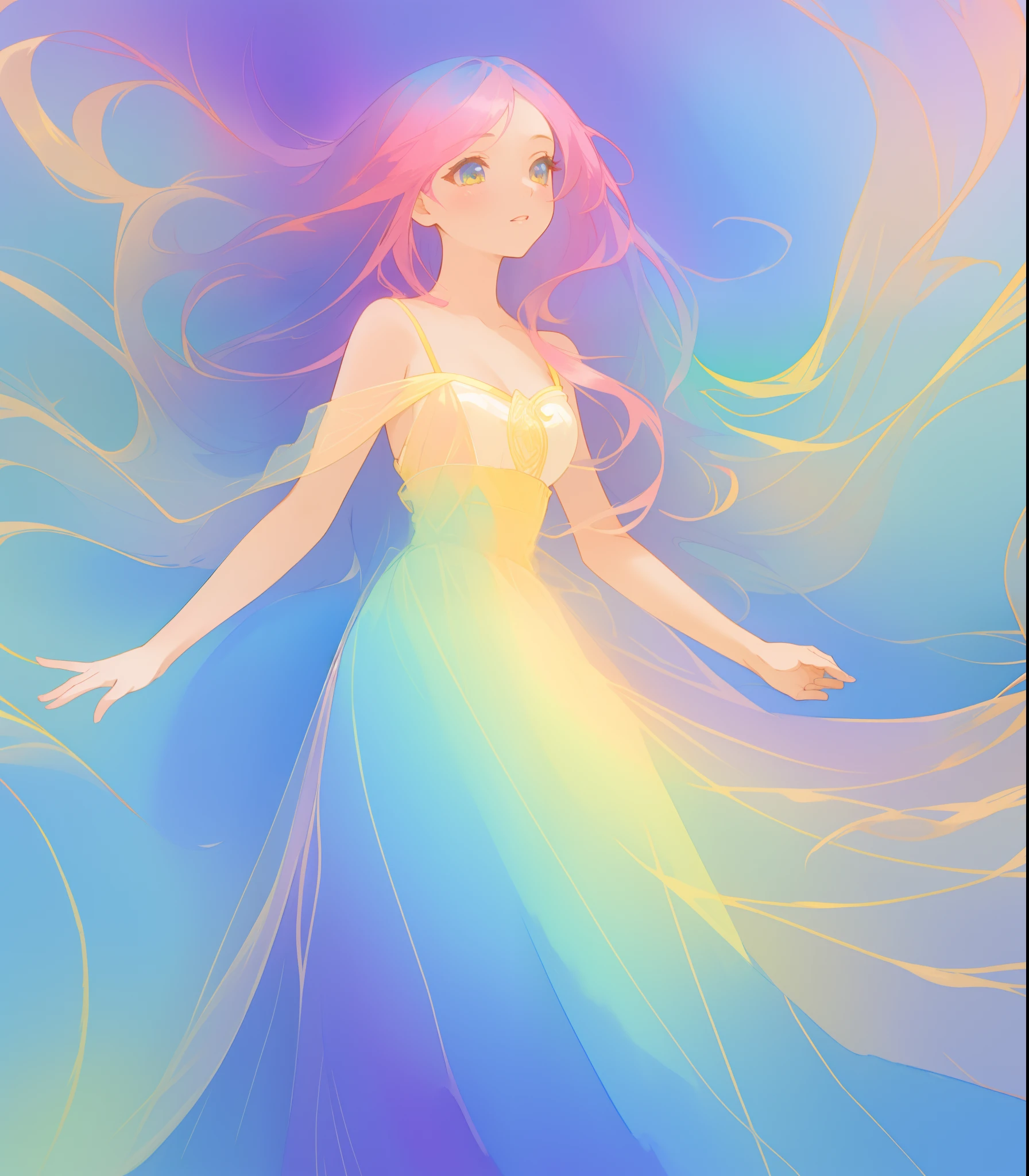 beautiful girl in flowing multi-layered colorful ballgown, long flowing colorful hair, vibrant pastel colors, colorful, watercolor illustration, masterpiece, best quality, sharp focus, intricate detail, highly detailed, 8k resolution, beautiful face, golden ratio, perfection, fantasia background, otherworldly, whimsical, magical