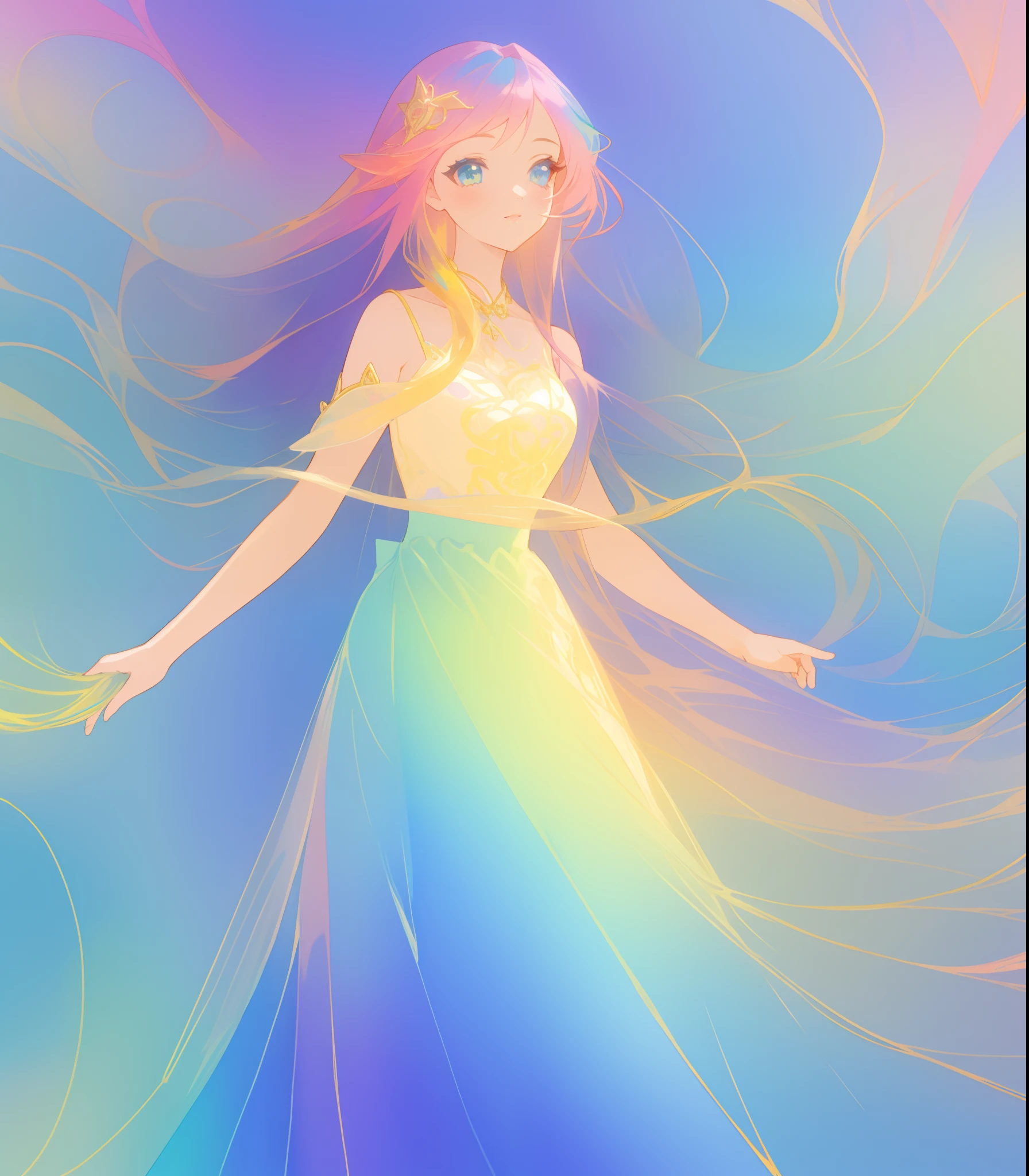 beautiful girl in flowing multi-layered colorful ballgown, long flowing colorful hair, vibrant pastel colors, colorful, watercolor illustration, masterpiece, best quality, sharp focus, intricate detail, highly detailed, 8k resolution, beautiful face, golden ratio, perfection, fantasia background, otherworldly, whimsical, magical