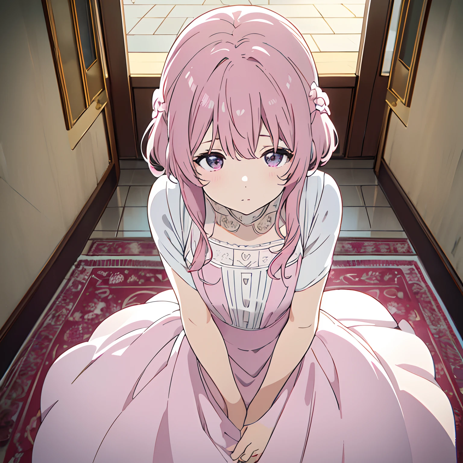Masterpiece, Best quality, Super detailed, illustration, Beautiful detailed eyes, Close up, 1 girl, Pink hair, White dress, Villa doorstep, Standing position, Face down