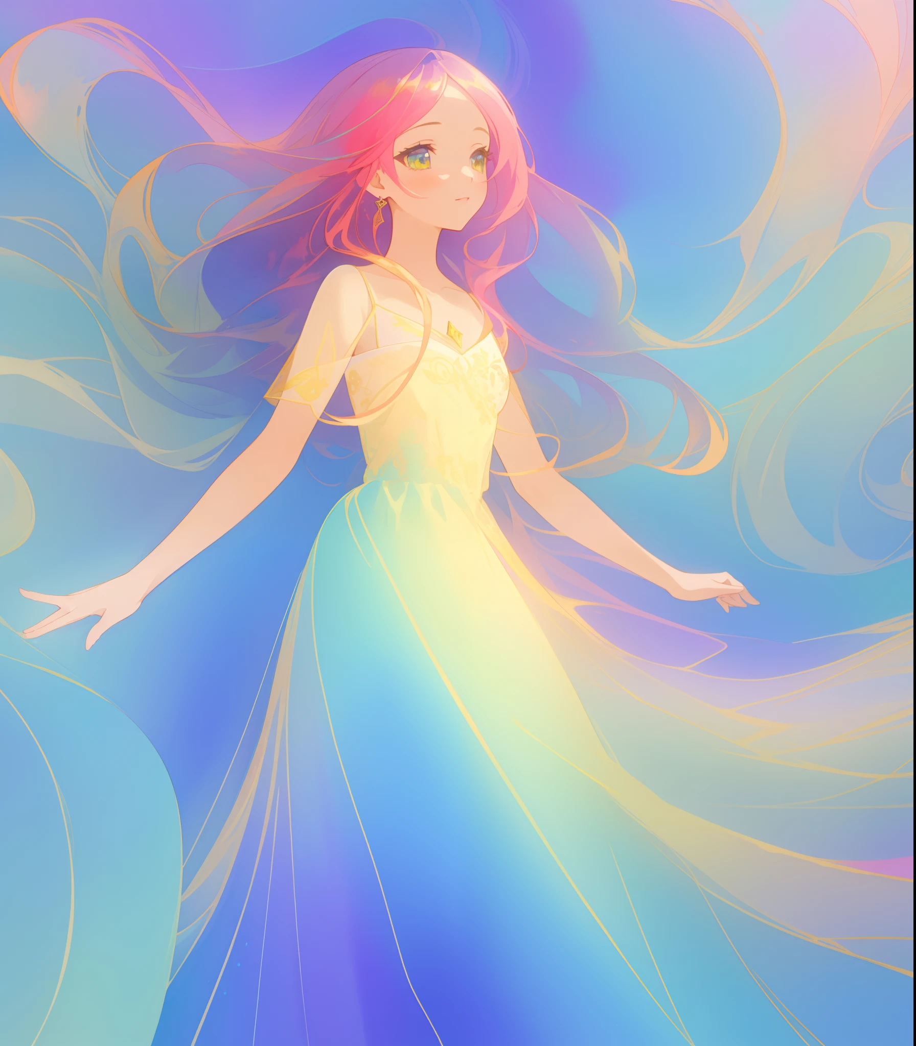 beautiful girl in flowing multi-layered colorful ballgown, long flowing colorful hair, vibrant pastel colors, colorful, watercolor illustration, masterpiece, best quality, sharp focus, intricate detail, highly detailed, 8k resolution, beautiful face, golden ratio, perfection, fantasia background, otherworldly, whimsical, magical