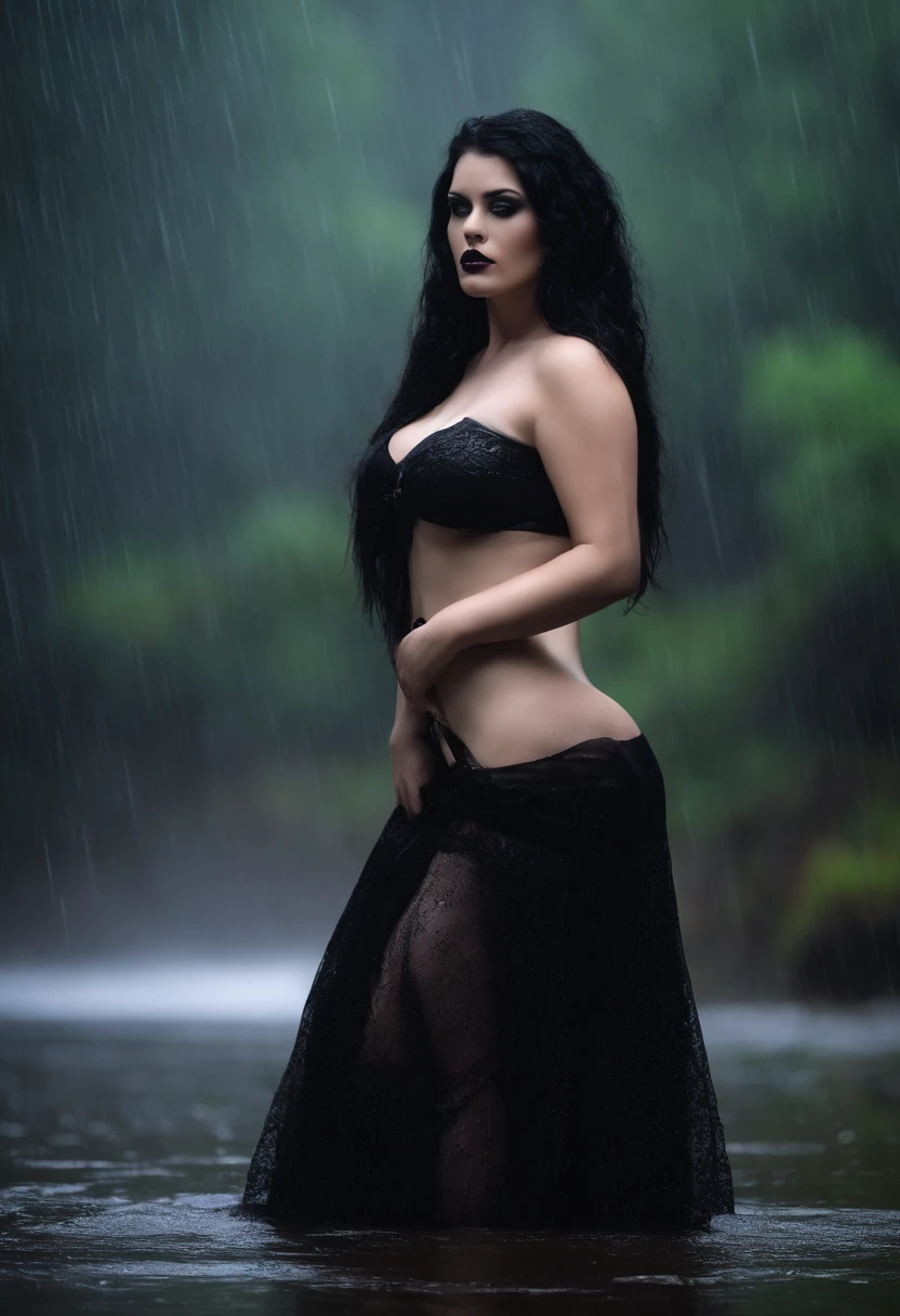 Fully nude goth girl with huge breast and a soft looking pussy out in the rain with long black hair and thick thighs