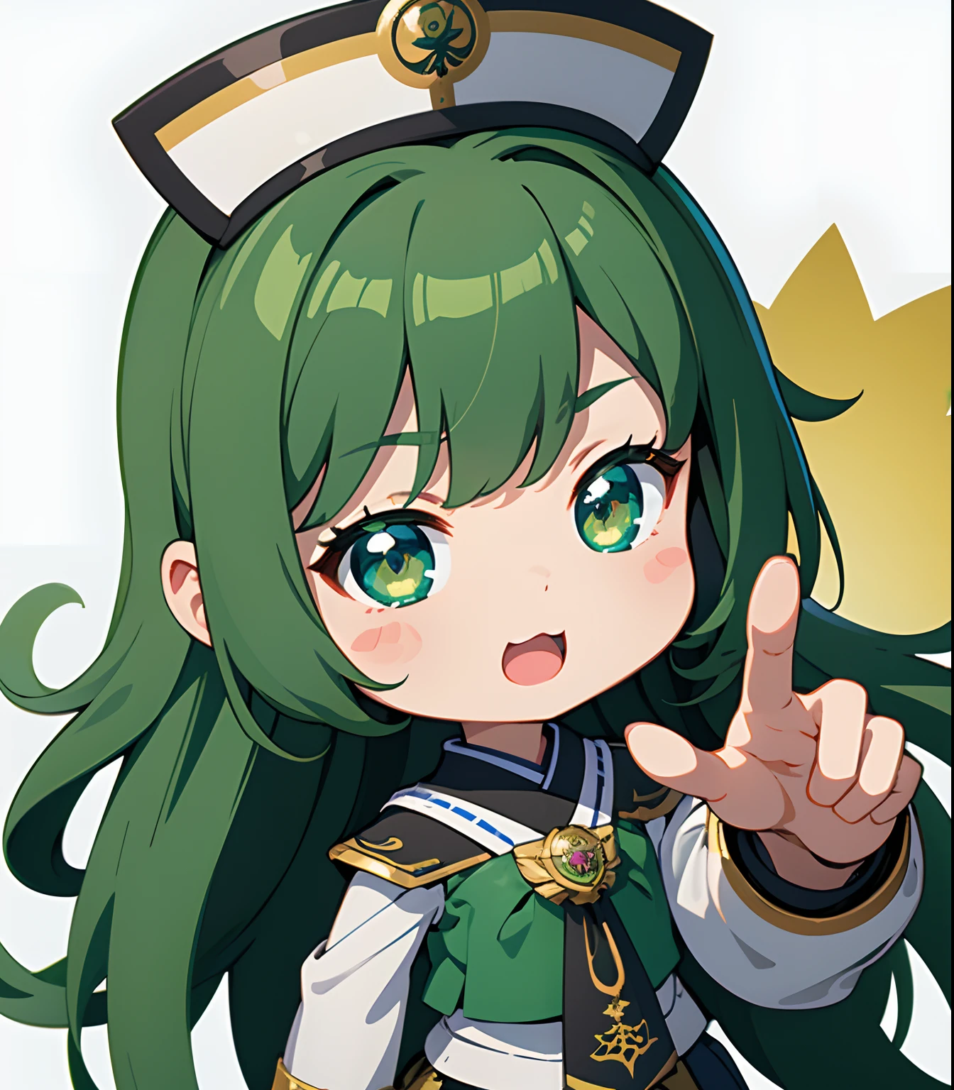 (masterpiece、top-quality、ultra-detailliert、Best Shadows)、细致背景、a sticker、hight resolution、ultra-detailliert、((Lady))、(Chibi Chara),Beautiful hair、verdant、foliages、Green、kawaii faces、A detailed eye、Women in Japan、noble、livestream、Charisma Idol Pose、Detailed hand、perfect hand、intricate detailes、Famous Private Schools