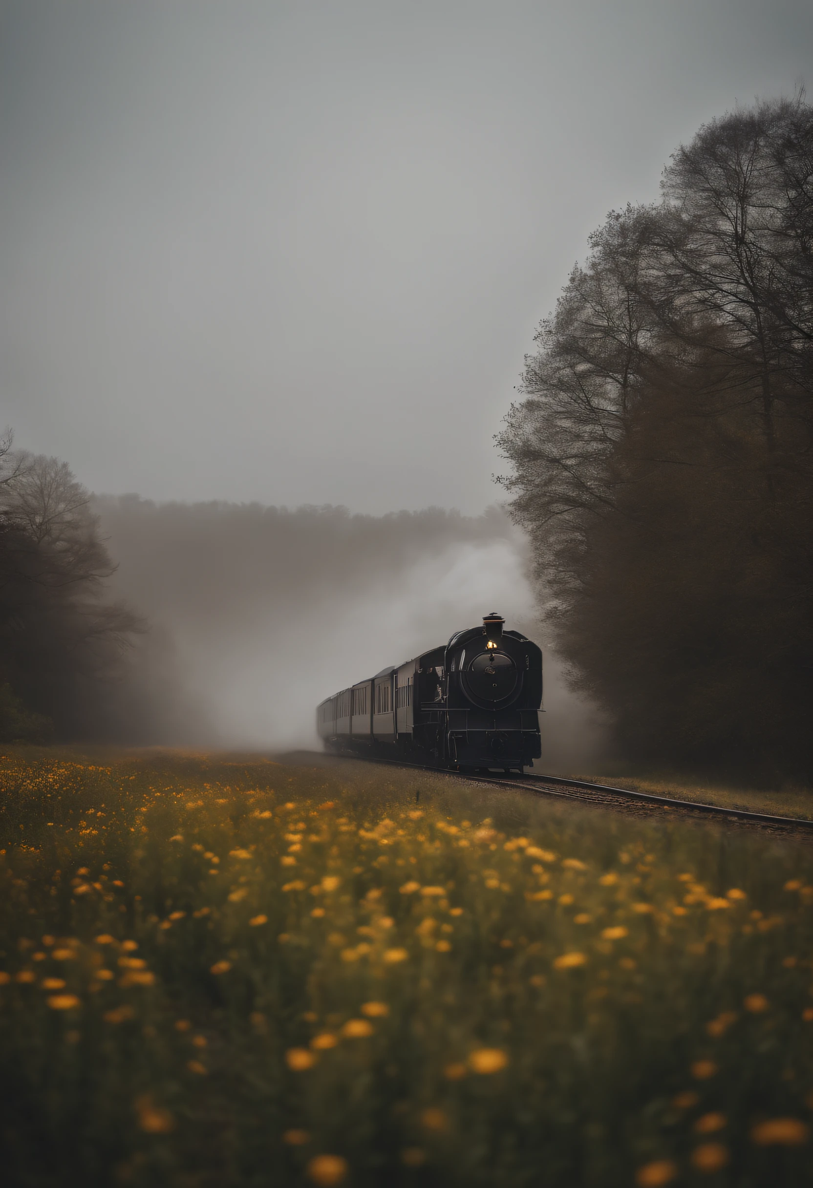 Heavy fog，grassy fields，small flower，Ultra-long-range viewing angle，trains