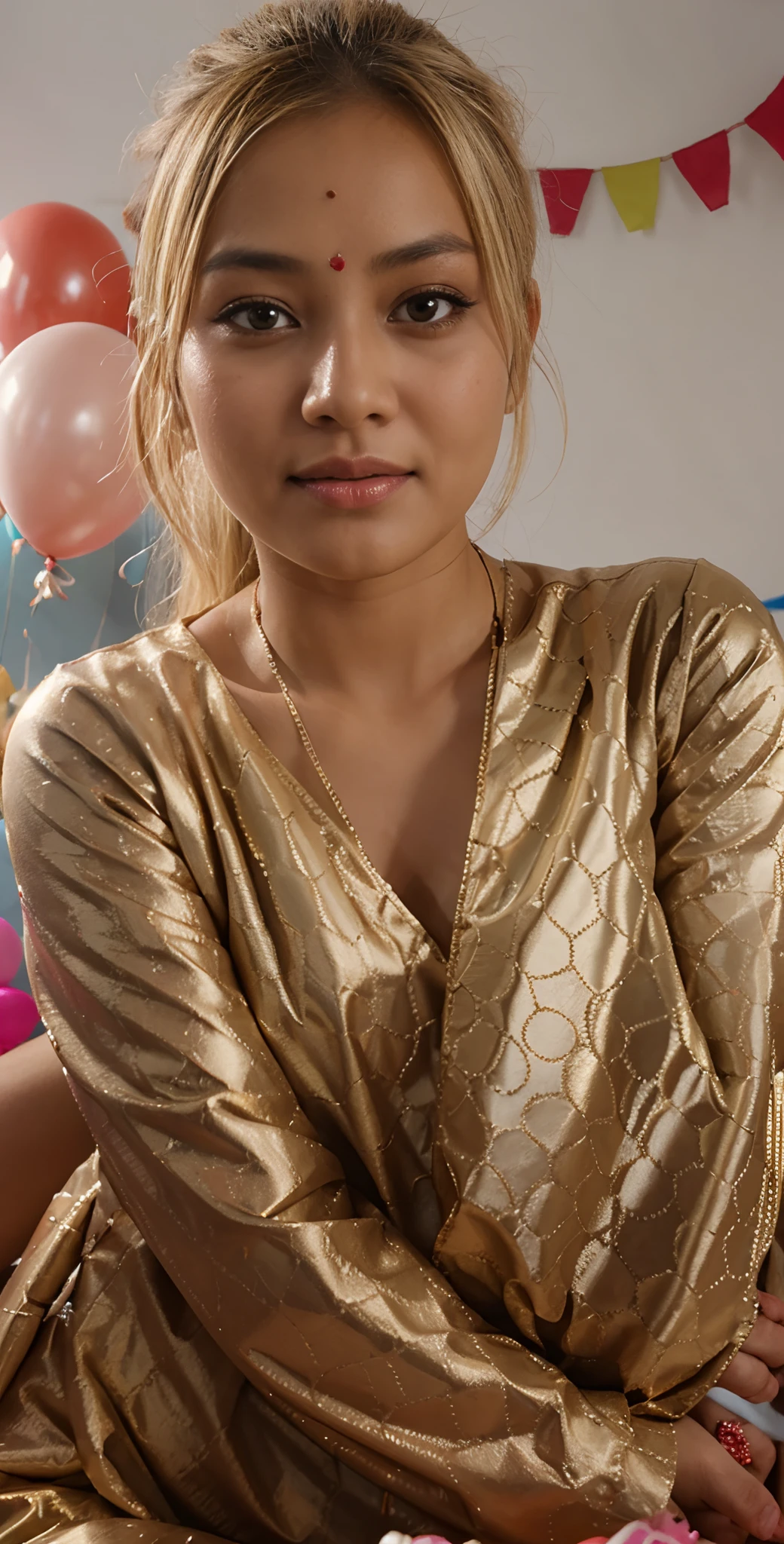 nepali blonde girl celebrating her birthday with cake and balloons decoration background