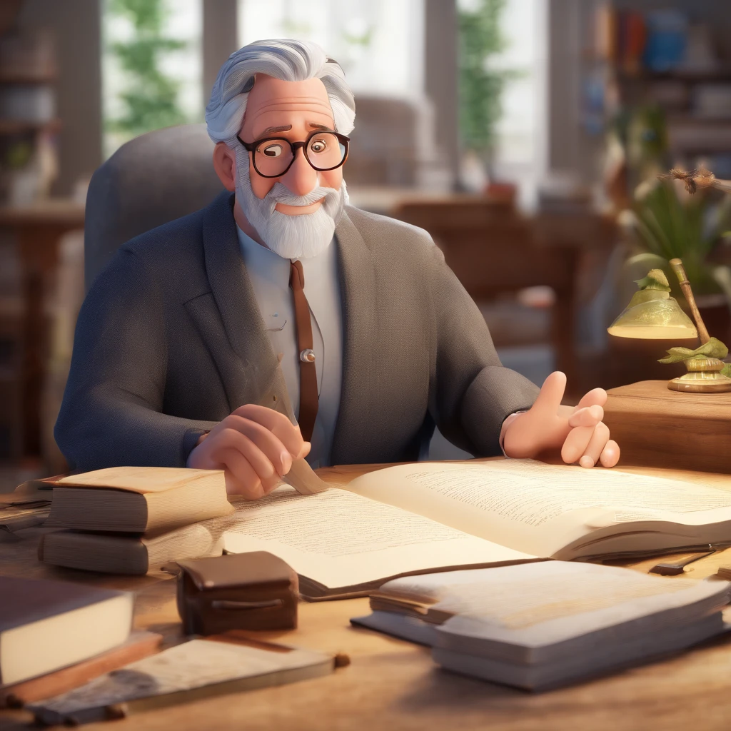 Crie um cartaz inspirado na Disney Pixar com o personagem sendo o pastor Rubens Janier, A gray-haired man wearing glasses, in an office with a Bible on the table