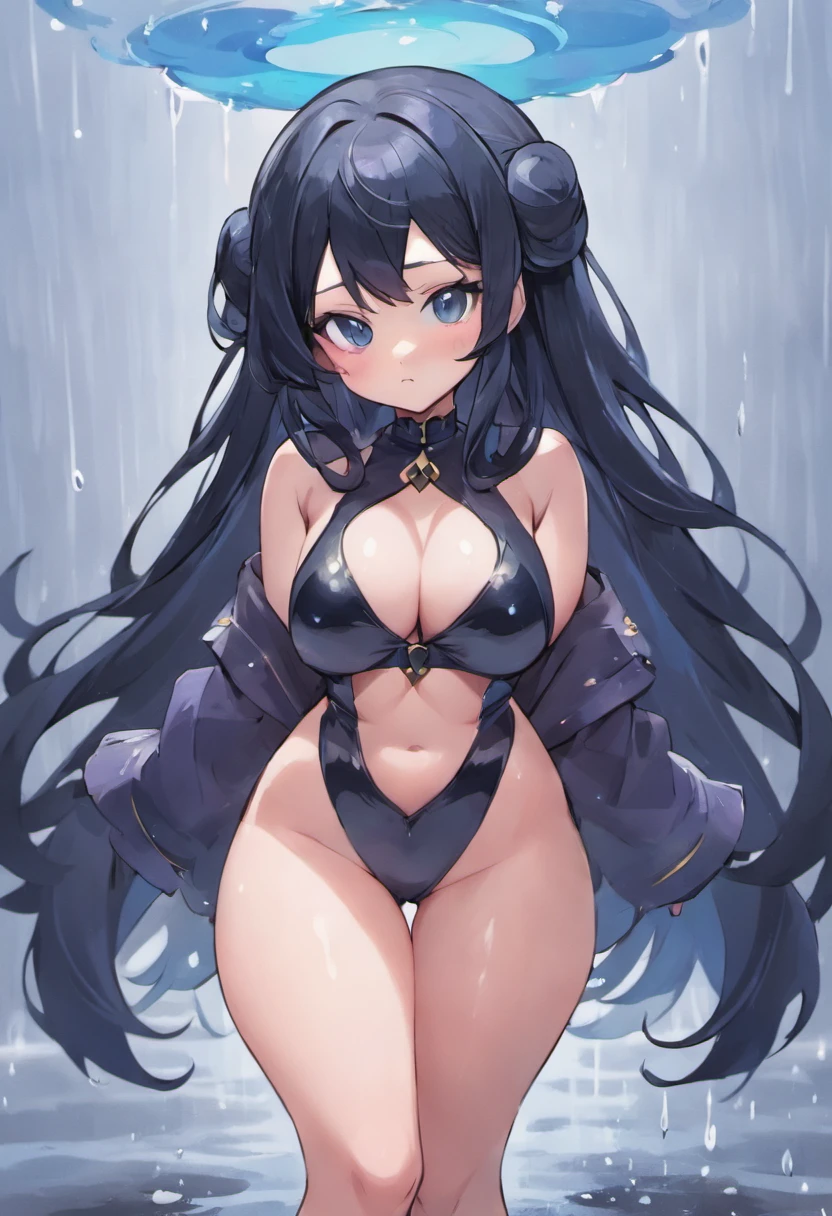 Fully  goth girl with huge breast and a soft looking  out in the rain with long black hair and thick thighs