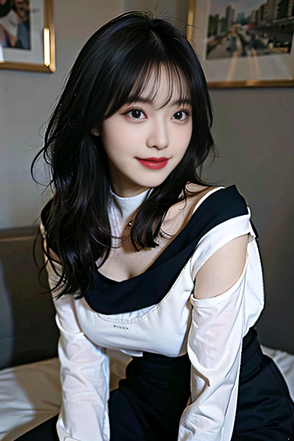 best qualtiy,超A high resolution,(真实感:1.4),1girll,Off-shoulder white shirt,Black tight skirt,Black collar,(faded gray hair:1),(gigantic cleavage breasts:1.2),looking at viewert,closeup cleavage,8K,a ,Sweet smile