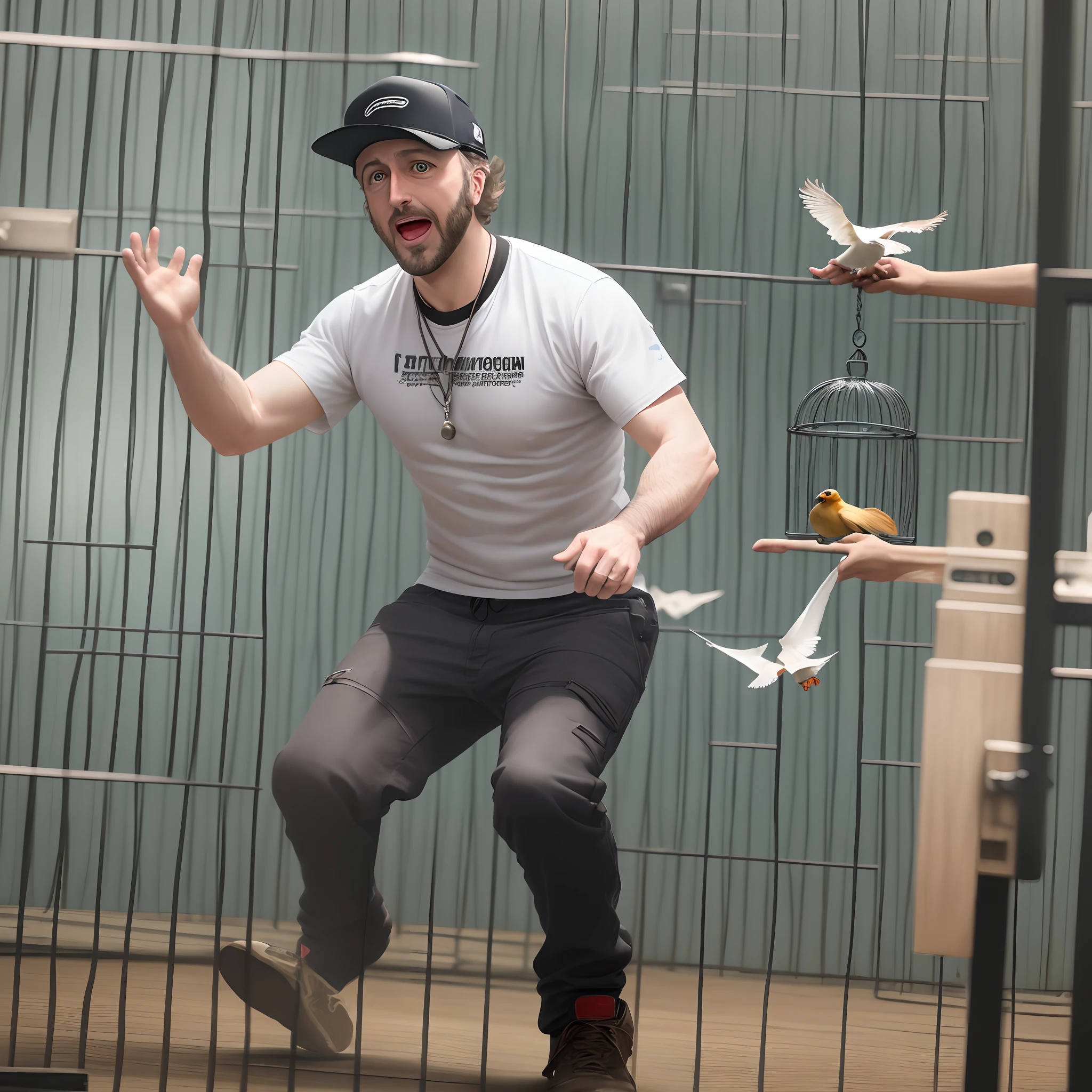 Rugged man releasing a bird from Cage