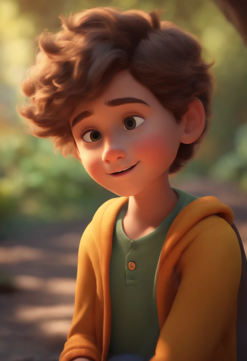 Image of a boy for a story in a YouTube video in Pixar format, He's the little allabester, He's the class leader, He's outgoing, Playful and gets up for a lot of things, cabelo curto