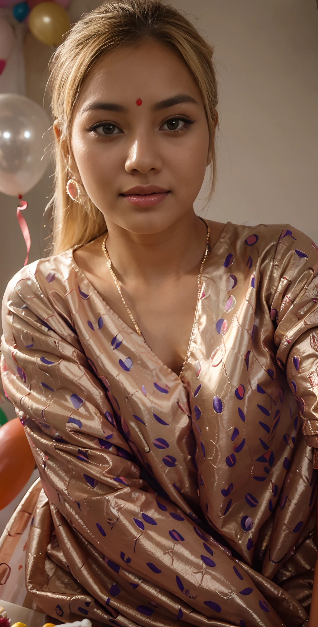 nepali blonde girl celebrating her birthday with cake and balloons decoration background