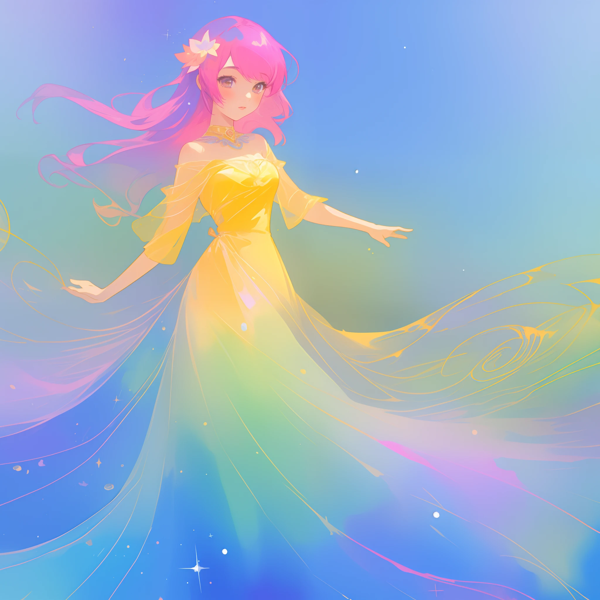 beautiful girl in flowing multi-layered colorful ballgown, sparkling, long flowing pink hair, vibrant pastel colors, colorful, watercolor illustration, masterpiece, best quality, sharp focus, intricate detail, highly detailed, 8k resolution, beautiful face, golden ratio, perfection, fantasia background, otherworldly, whimsical, magical