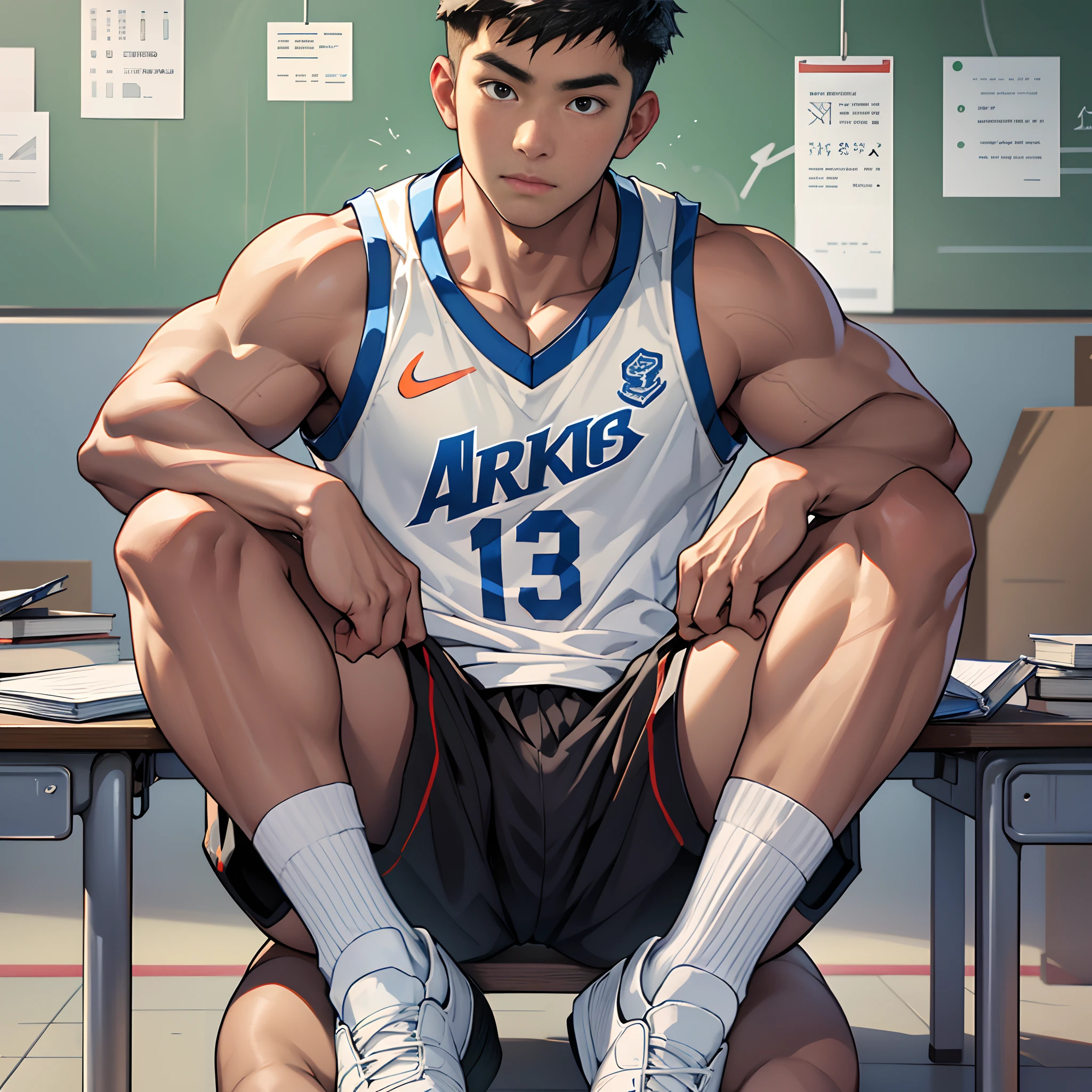 An Asian youth in a Nike basketball uniform and shorts is by a high school student,Sit in the classroom。His brown skin and serious expression indicate his focus and hard work。The classroom was filled with heat,But he kept his mouth shut,Immerse yourself in the hard work,He has a strong build,Muscle lines are pronounced,Especially his abs。Strong body, He is in the center of the picture,There was no one else around。Wearing white socks, He planted his feet firmly on the floor,Smelly feet,In stark contrast to his muscles。On the table behind him lay some textbooks and school supplies。,Emphasizing the importance he places on learning。This picture is full of energy and power,This is indicated by the image of a young student who is studying hard。The picture quality is the best,The resolution is 4K or 8K,The details are very clear,Realistic results。The overall tone is dominated by saturated colors and bright lights,Bring your picture to life。