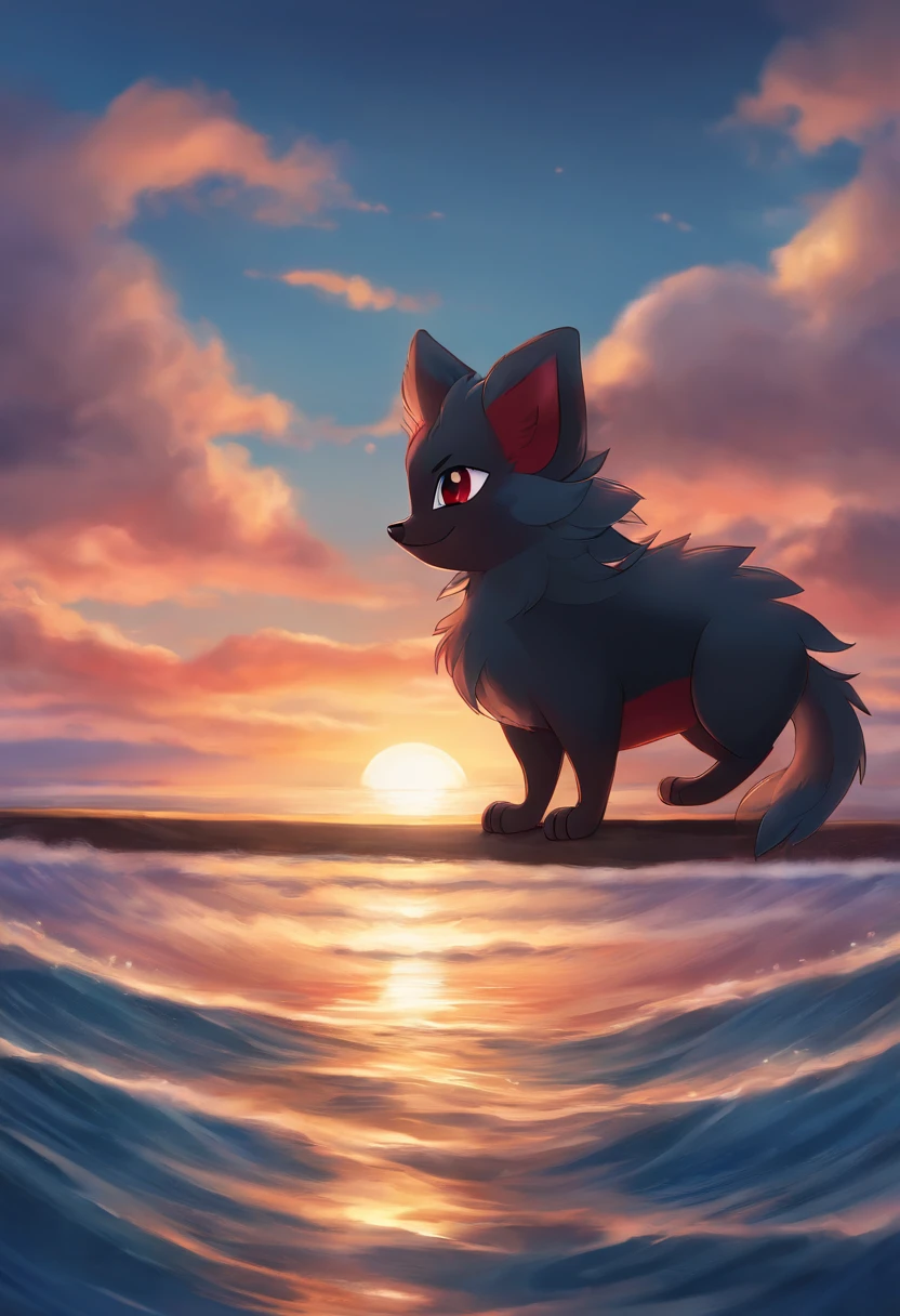 zorua,cute,smile,beautiful sky,ocean\