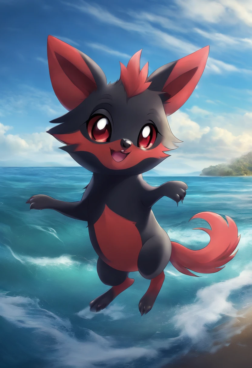 zorua,cute,smile,beautiful sky,ocean\