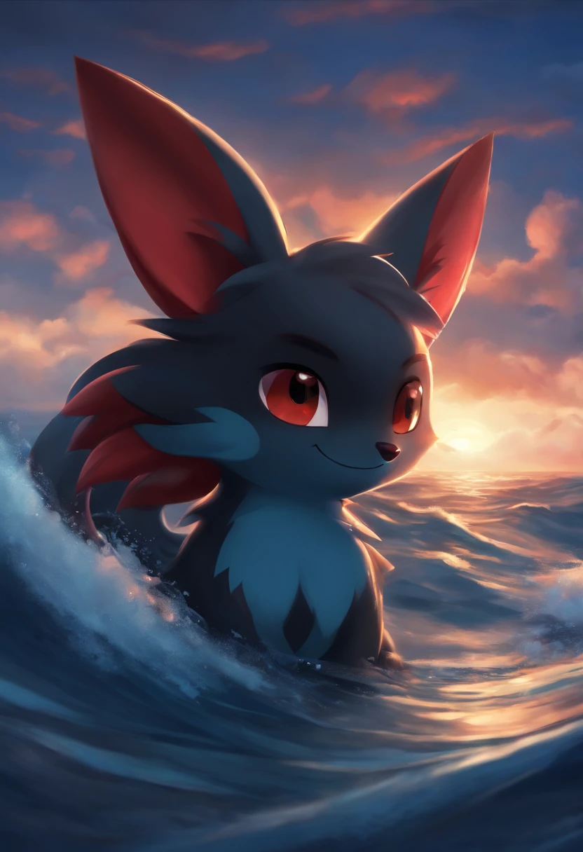 zorua,cute,smile,beautiful sky,ocean\