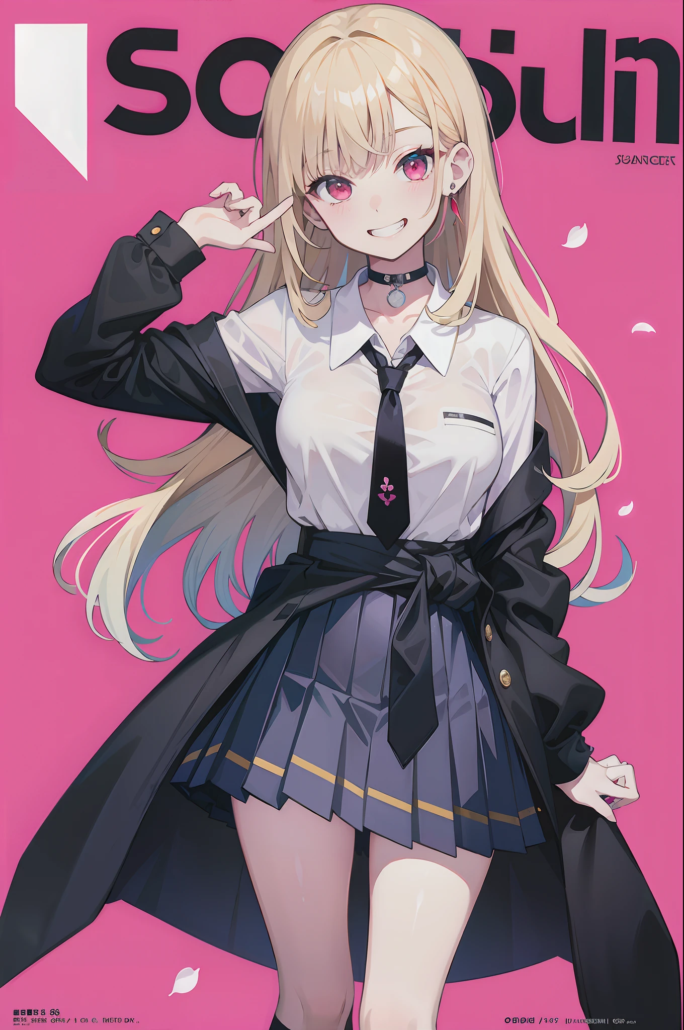 masterpiece, best quality, full body, 1girl, bangs, black choker, black necktie, blonde hair, blue skirt, blush, bracelet, breasts, choker, clothes around waist, collarbone, collared shirt, cowboy shot, dress shirt, ear piercing, eyebrows visible through hair, gradient hair, grin, gyaru, jewelry, kogal, long hair, looking at viewer, loose necktie, necktie, piercing, plaid, plaid skirt, pleated skirt, red eyes, ring, school uniform, shirt, skirt, smile, solo, white shirt, street, sky, cherry blossoms, petals,illustration, (magazine:1.3), (cover-style:1.3), fashionable, woman, vibrant, outfit, posing, front, colorful, dynamic, background, elements, confident, expression, holding, statement, accessory, majestic, coiled, around, touch, scene, text, cover, bold, attention-grabbing, title, stylish, font, catchy, headline, larger, striking, modern, trendy, focus, fashion,