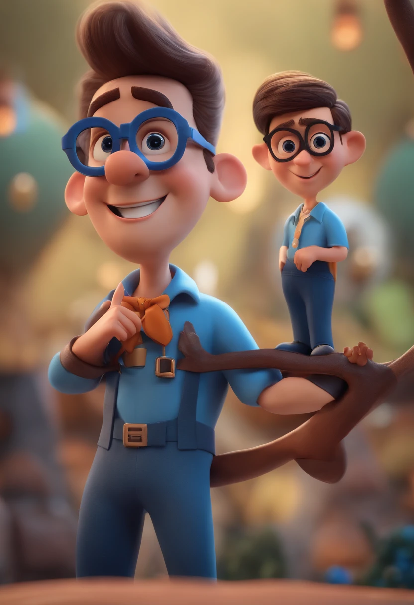 Cartoon character of a man with black glasses and a blue shirt, animation character, Caractere estilizado, animation style rendering, 3D estilizado, Arnold Maya render, 3 d render stylized, toon render keyshot, Personagem 3D, Personagem 3D, 3d rendering stylized, 3 d character render, personagem de desenho animado, Personagem de close up, Pose de personagem,  (Estilo Pixar) (master part:1.2) (Bokeh) (best quality) (pele detalhada) (textura detalhada) (8k) (argila) (Cinematic lighting) (foco nítido