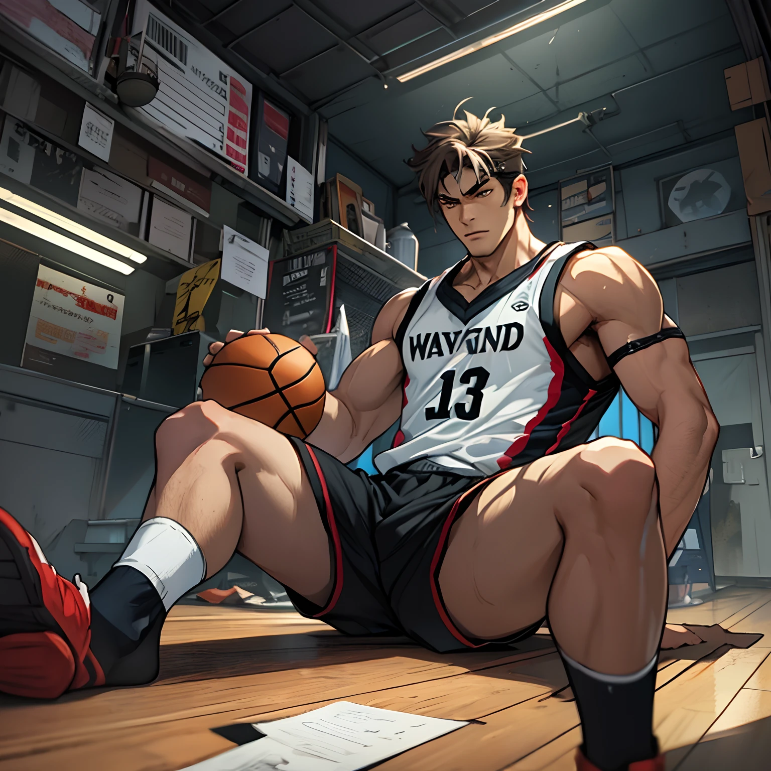 Libido boy，Tong，large pecs，Big bag，Wear white basketball socks，Half recumbent，CG sense，POV perspective，spread their legs，Dark atmosphere，8K,Cinematic lighting effects，Textured skin，best qualtiy，Storytelling images，Storytelling images，dynamic blur，actionpose，Elevation viewing angle