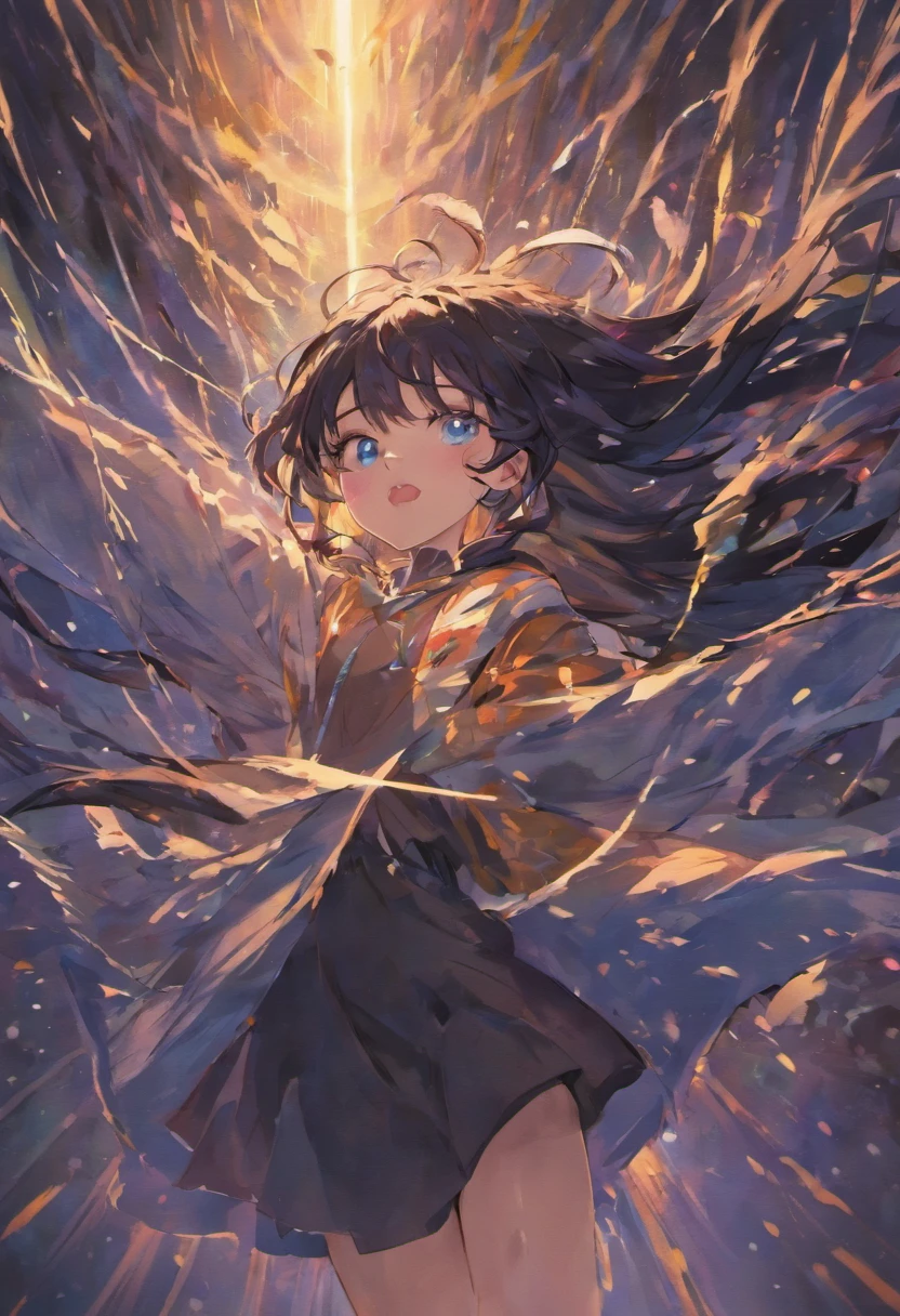 Hanging like a worm, girl, blue eyes, long black hair, swaying in the strong wind