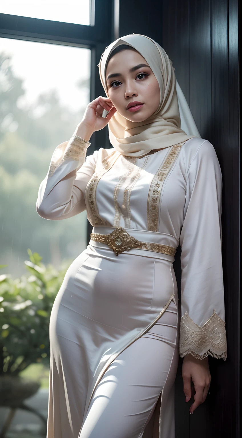 RAW, Best quality, high resolution, masterpiece: 1.3), beautiful Malay woman in hijab (iu:0.8),Best quality, high resolution, Masterpiece: 1.3, Beautiful  hijabi malay girl, Masterpiece, Soft smile,Beautiful Malay women wear small flower baju kurung,pastel color hijab , Quality 3, intricate details, Full body view, Malay woman in hijap,  white, Eyes glazed, (((hijap soaking wet and dripping with water))), thin, Super fitting clothes: white Nano tube top and Nano Lycras, Forest background under continuous heavy rain that soaks them, showing her beautiful body 92 59 90, flirty face, invisible base, film grain, Fuji color, Contrast of light and shadow, textured skin, (4 *intricate details), Dynamic pose, realism, sunlight, high contrast, HDR (High Dynamic Range), Ray tracing, NVIDIA RTX, super resolution, Unreal 5, Subsurface dispersion, PBR textures, Post-processing, anisotropic filtering, depth of field, Clarity and Maximum sharpness, Multi-layer textures, Albedo and specular maps, Surface shading, Precise light-material interaction simulation, Perfect proportions, High octane rendering, Bicolor lighting, wide aperture, low ISO, 50mm camera CANON eos professional lens