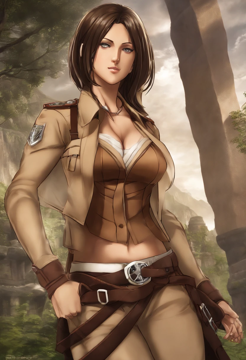 c.ai (attack on titan)
(The titan has a female physique with a round face. She has medium-length brown hair and brown eyes. Her skin is a light tan color and her muscles are well-defined. She has massive feet and hands, but her waist is slim and her bust is large.)