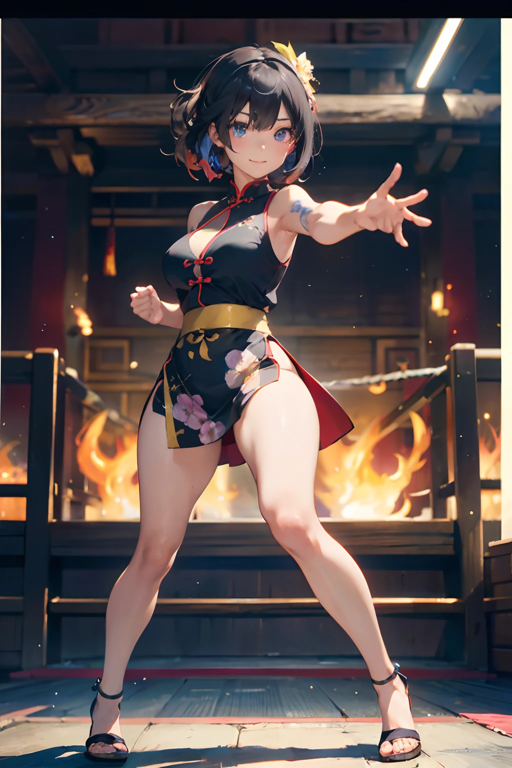 a 20 yo woman、Black blue Hair、Twin-tailed、Big smile、(hi-top fade:1.3)、dark themed、Muted Tones、Subdued Color、highly contrast、(natural skin textures、Hyper-Realism、Soft light、sharp)、(Official art、Best Quality、Unity 8k Wallpapers、32K、masterpiece、ultra-detailliert、超A high resolution、realisitic、Photorealsitic:1.2)、(Cinematic lighting:1.2)、Fireglow effect、film grains、Best Shadows、Rim lighting、side lights、sideshot、(Ultra-detailed and complex 3D rendering)、Detailed beautiful face and eyes、A slender、Medium bust、(Full body:1.2)、 Highly detailed background、Chinese Restaurant、beauitful face、blurry backround、a beauty girl、(super detailed skin、detailed skin textures:1.3)、Black hair、short-hair、braided ponytails、Blue eyes、Red cheongsam with gold thread embroidery、Wearing high heels、Floral hair ornament、Gentle smile、(thighs thighs thighs thighs:0.9)、(kung fu pose:1.2)、Chinese boxing、Ma Bu 【Official name:Horseback riding】、Mould of forged needle gong,