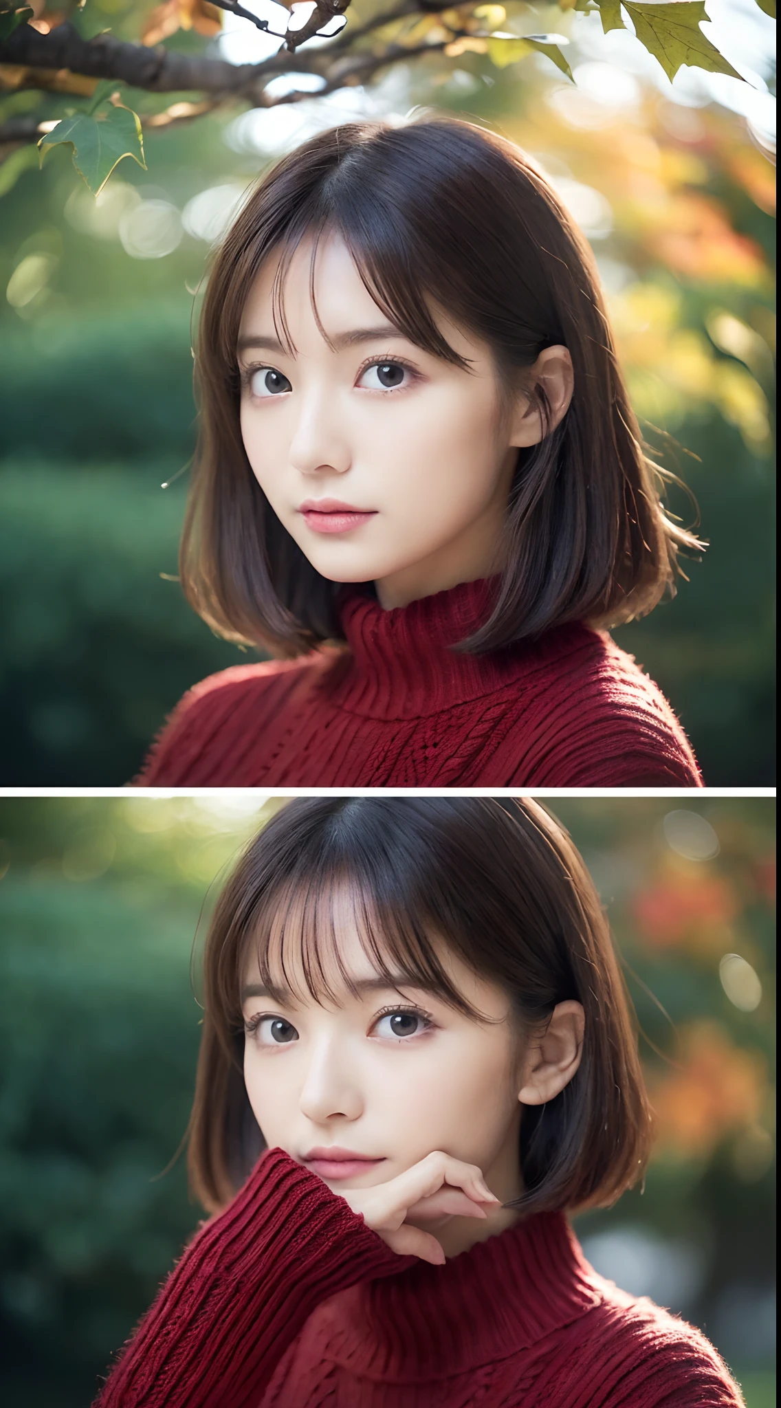 ((in 8K, Raw photography, Highest Quality,realisitic, Photorealsitic:1.3)),((,Extremely delicate and beautiful,Highly detailed, finely detail,ultra-detailliert, High resolution:1.3))、japanes, femele, (17 age), Viewer's Perspective, Beautiful and shiny straight bob hair, see-through bangs, Embarrassed look, Half-open lips, Draw poses and angles randomly, (Beautiful fece:1.2), (kawaii:1.3) Autumn leaves in the background　optic　Three-dimensional feeling　Autumn foliage Autumn light. ((Oversized knit sweater in red wine color))、((kawaii:1.3)) autumn lights　Semi-backlit