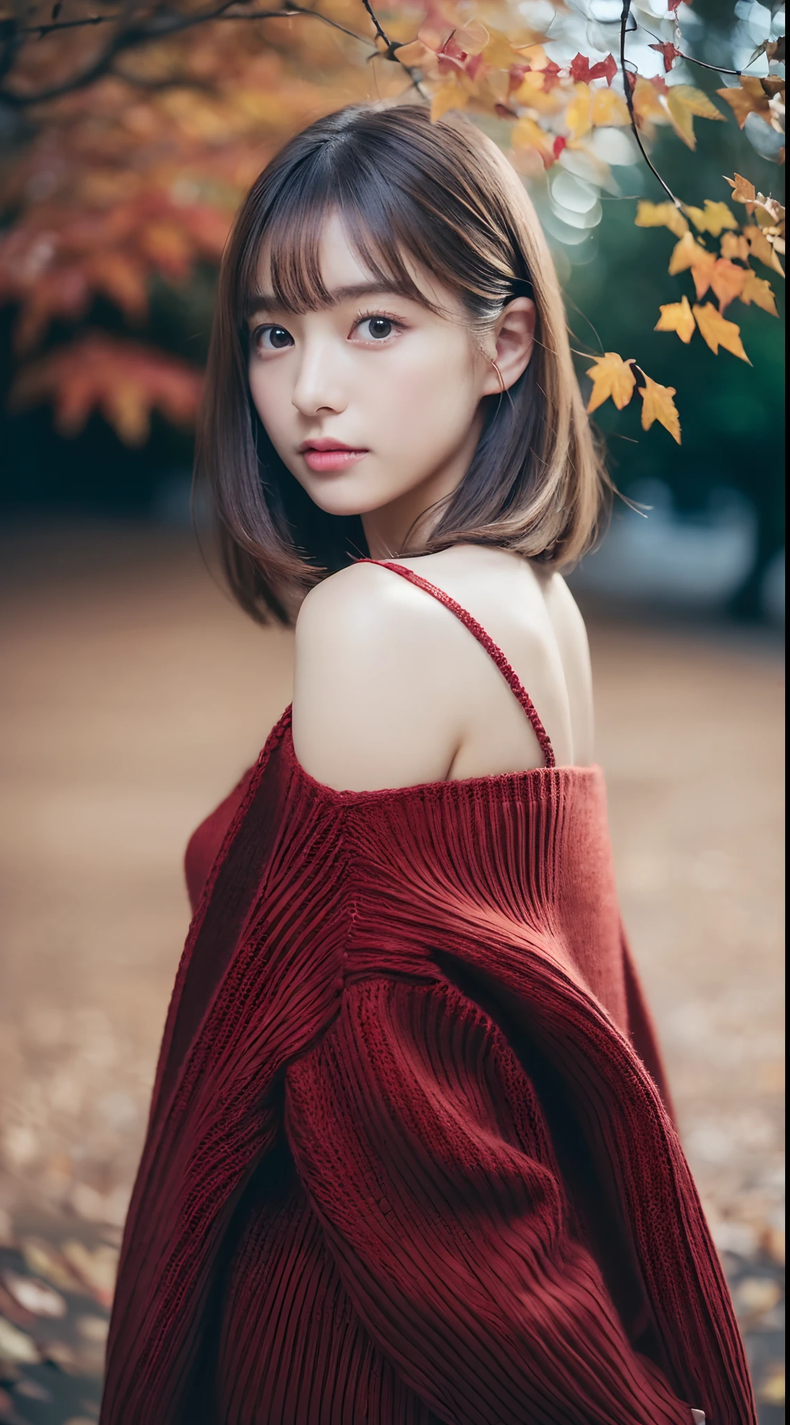 ((in 8K, Raw photography, Highest Quality,realisitic, Photorealsitic:1.3)),((,Extremely delicate and beautiful,Highly detailed, finely detail,ultra-detailliert, High resolution:1.3))、japanes, femele, (17 age), Viewer's Perspective, Beautiful and shiny straight bob hair, see-through bangs, Embarrassed look, Half-open lips, Draw poses and angles randomly, (Beautiful fece:1.2), (kawaii:1.3) Autumn leaves in the background optic Three-dimensional feeling Autumn foliage Autumn light. ((Oversized knit sweater in red wine color))、((kawaii:1.3)) autumn lights Semi-backlit