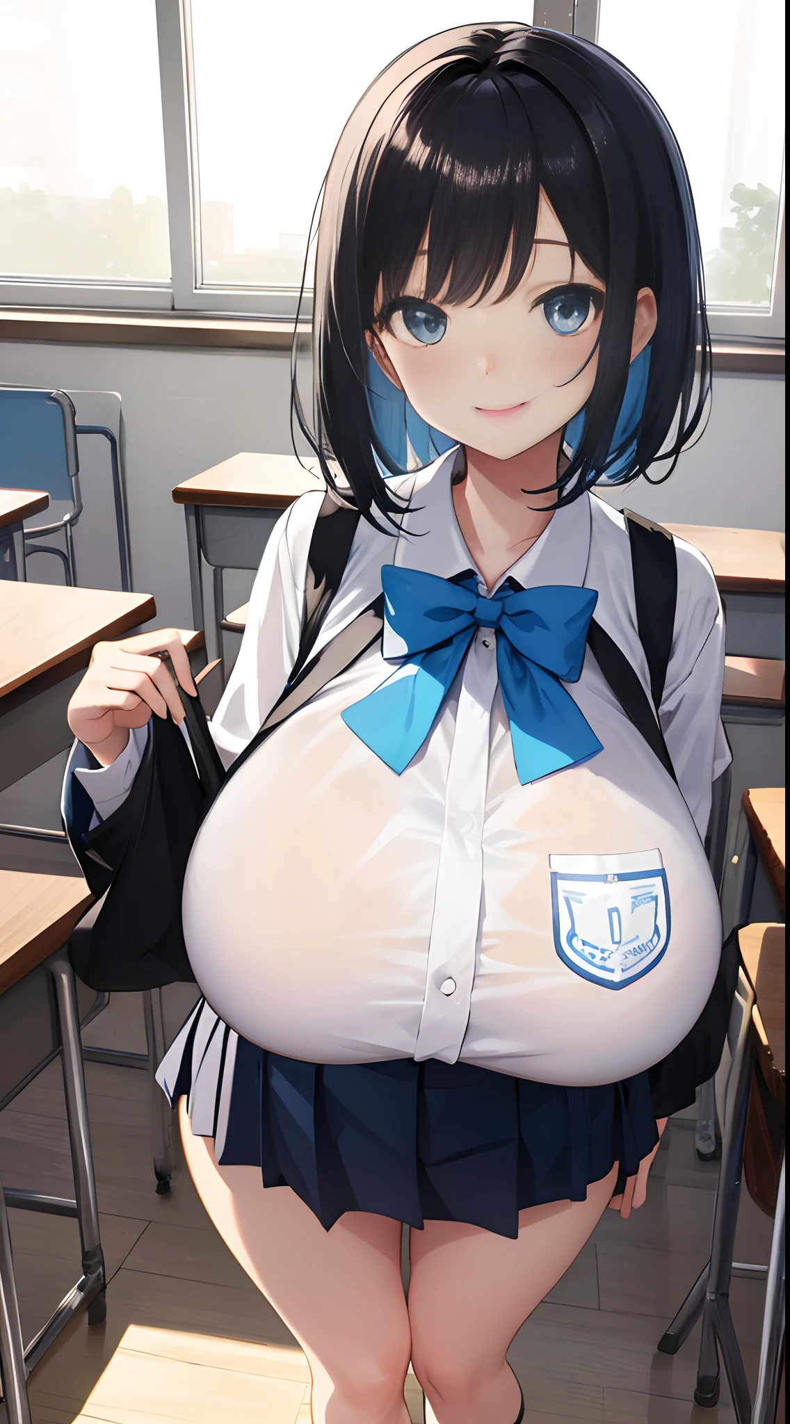 1girl in,Black color hair,blue color eyes, Smile, cheerfulness,12year old, Teenage, Huge breasts,校服,Classroom
