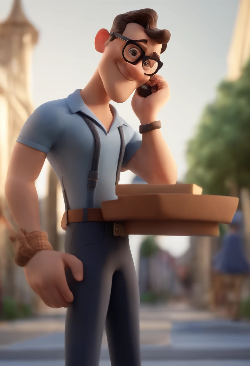 Cartoon character of a man wearing black glasses and a blue shirt, um personagem animado, Caractere estilizado, animation style rendering, 3D estilizado, Arnold Maya render, 3 d render stylized, toon render keyshot, Personagem 3D, Personagem 3D, 3d rendering stylized, 3 d character render, personagem de desenho animado, Personagem de close up, Pose de personagem, (Estilo Pixar) (master part:1.2) (Bokeh) (best quality) (pele detalhada) (textura detalhada) (8k) (argila) (Cinematic lighting) (foco nítido,Senta e vaza a parte superior do corpo