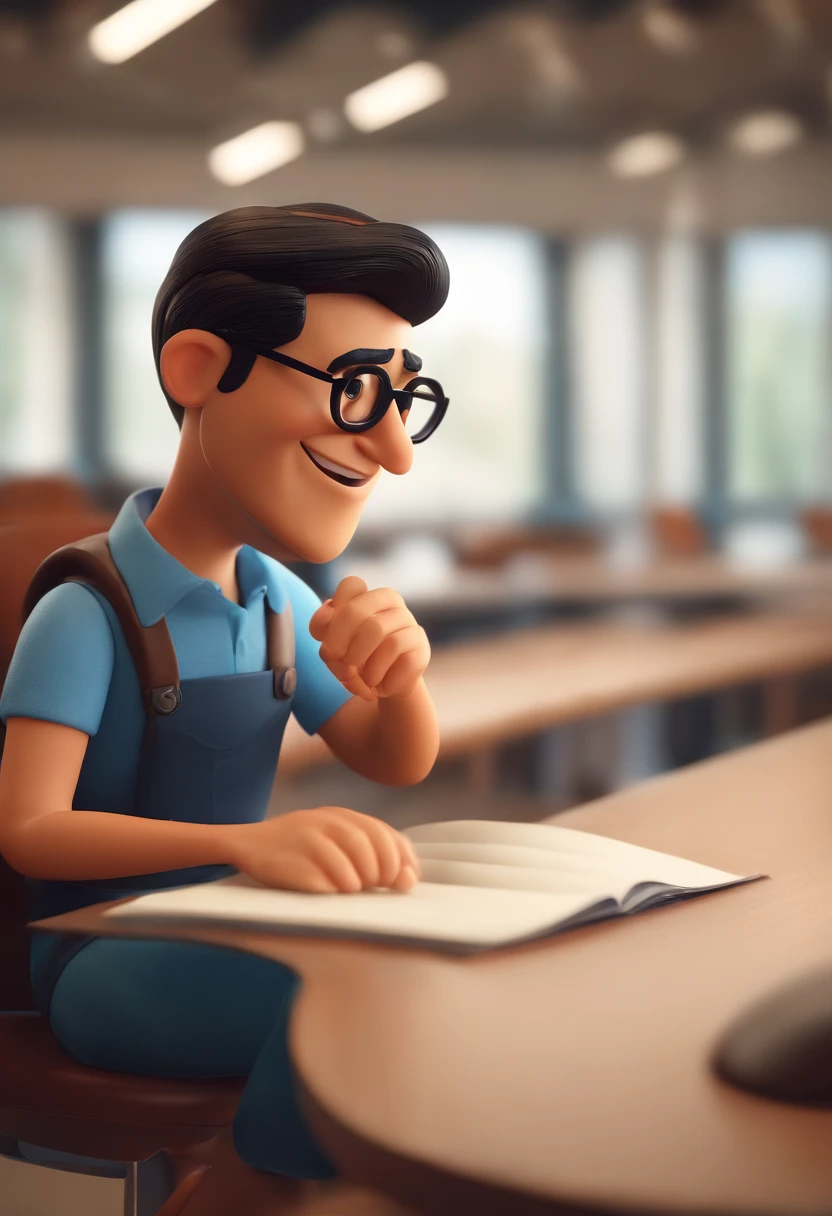 Cartoon character of a man wearing black glasses and a blue shirt, um personagem animado, Caractere estilizado, animation style rendering, 3D estilizado, Arnold Maya render, 3 d render stylized, toon render keyshot, Personagem 3D, Personagem 3D, 3d rendering stylized, 3 d character render, personagem de desenho animado, Personagem de close up, Pose de personagem, (Estilo Pixar) (master part:1.2) (Bokeh) (best quality) (pele detalhada) (textura detalhada) (8k) (argila) (Cinematic lighting) (foco nítido,Senta e vaza a parte superior do corpo