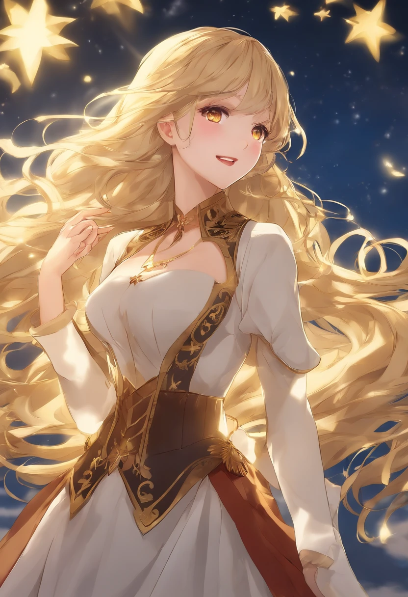 Girl, Flowing blonde hair, Yellow eyes, Golden Empire costume, décolleté, anime, The background is a clear sky and twinkling lights, Dynamic Angle, Arrogant laughter