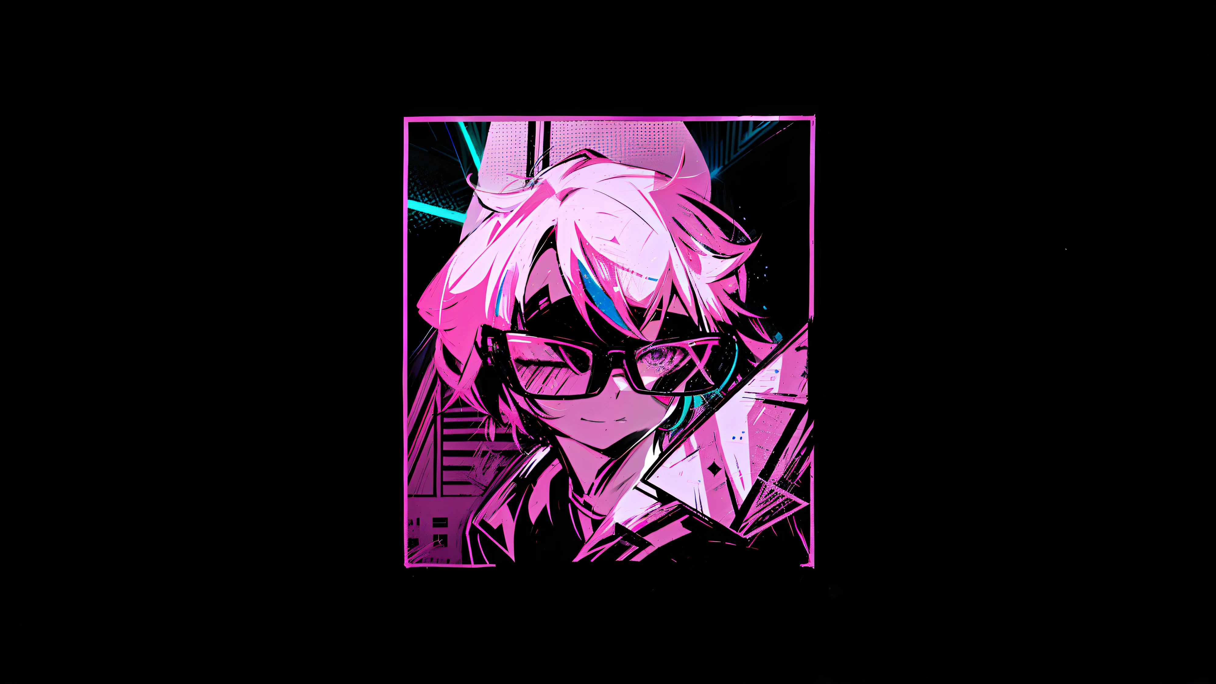 anime character with a pink hair and glasses holding a knife, [ synthwave art style ]!! ]!!, [ synthwave art style ]!!, [ 4 k synthwave art style ]!!, ( ( ( synthwave ) ) ), synthwave art style ]!!, ( ( dithered ) ), art in the style of joshy sly, pink iconic character