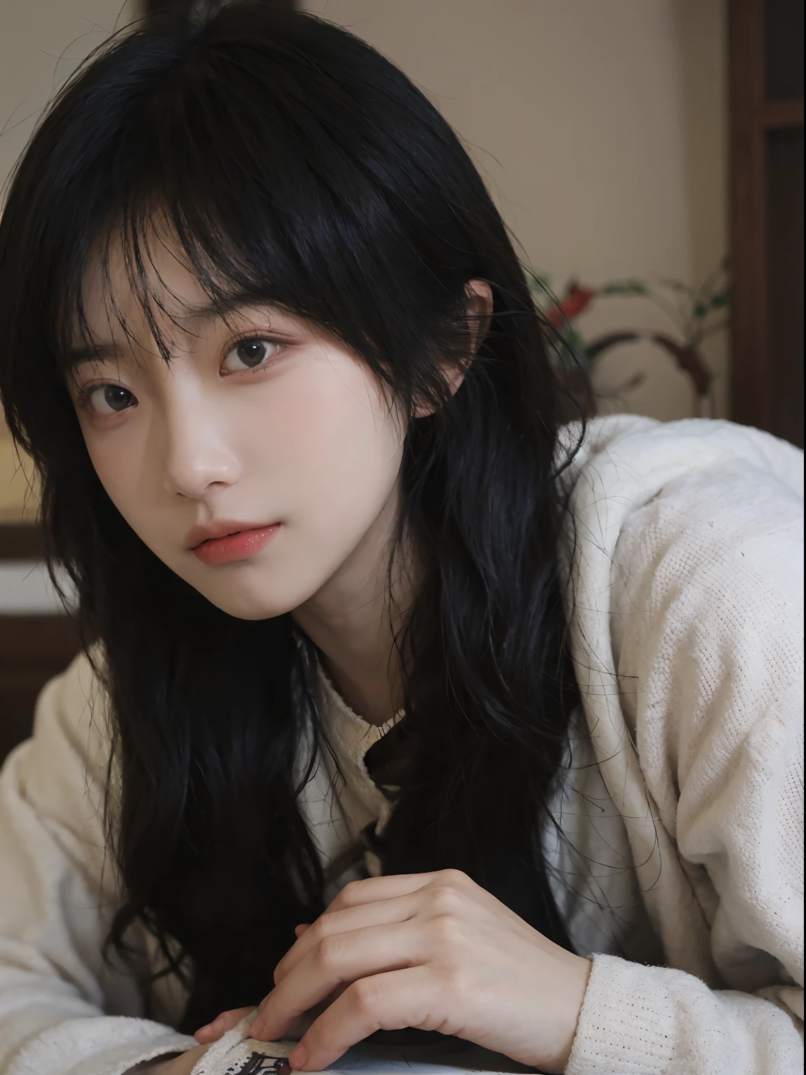 best qualtiy, 超高分辨率, (realisticlying:1.4), A woman with long black hair and a gray sweater, 中景 the scene is, She has black hair,By bangs, young lovely Korean faces, wan adorable korean face, ulzzangs, Shin Jinying, beautiful aesthetic face, Korean face features, Played by Liu Lee Ji Eun ,Beautiful realistic face