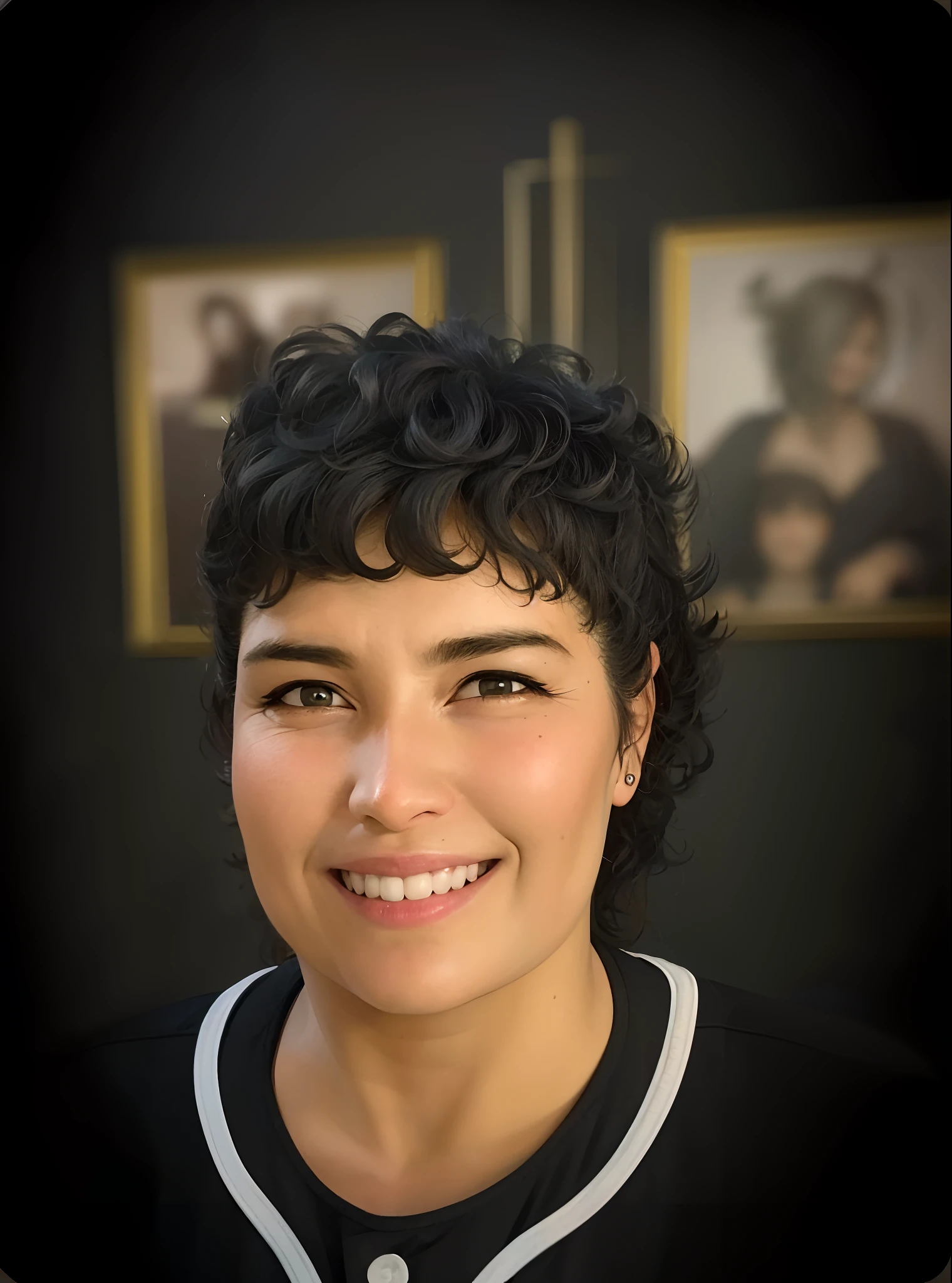 mulher sorridente com cabelo preto curto e uma camisa preta, Alanis Guillen, retrato de perfil, retrato detalhado, foto de closeup profissional, retrato headshot, por Else Alfelt, Sandra Pelser, foto de retrato detalhada, retrato profissional, Directed by: Meredith Dillman, cabelo encaracolado curto escuro sorrindo, Sandra, retrato de closeup headshot, foto de perfil headshot, retrato frontal, andrea rocha