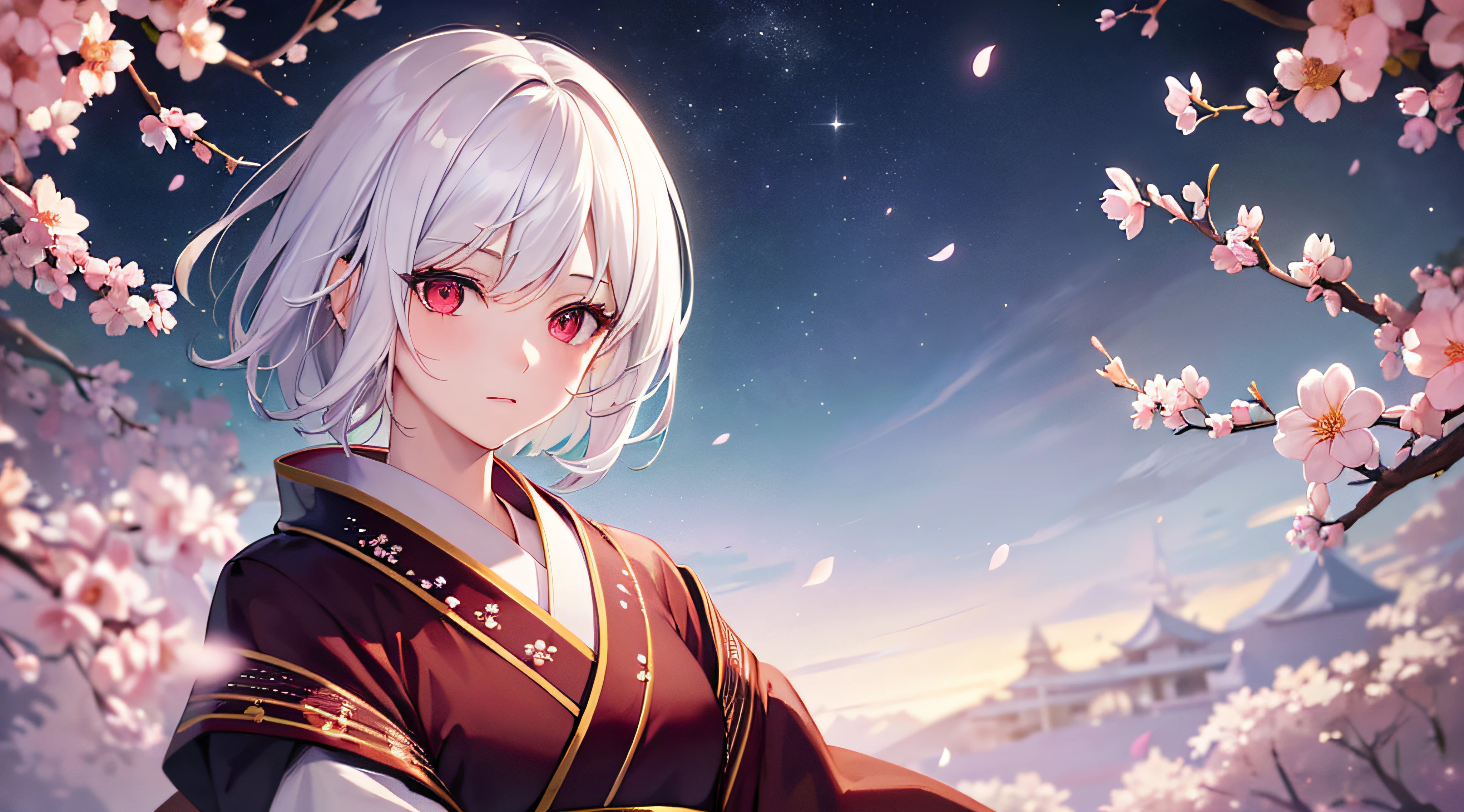 potrait of a beautiful girl, 1girl, white hair, short hair, red eyes, kimono, natta, a moon, sakura petals, cowboy shot, half-body, close-up, extremely detailed, (masterpiece), natural lighting