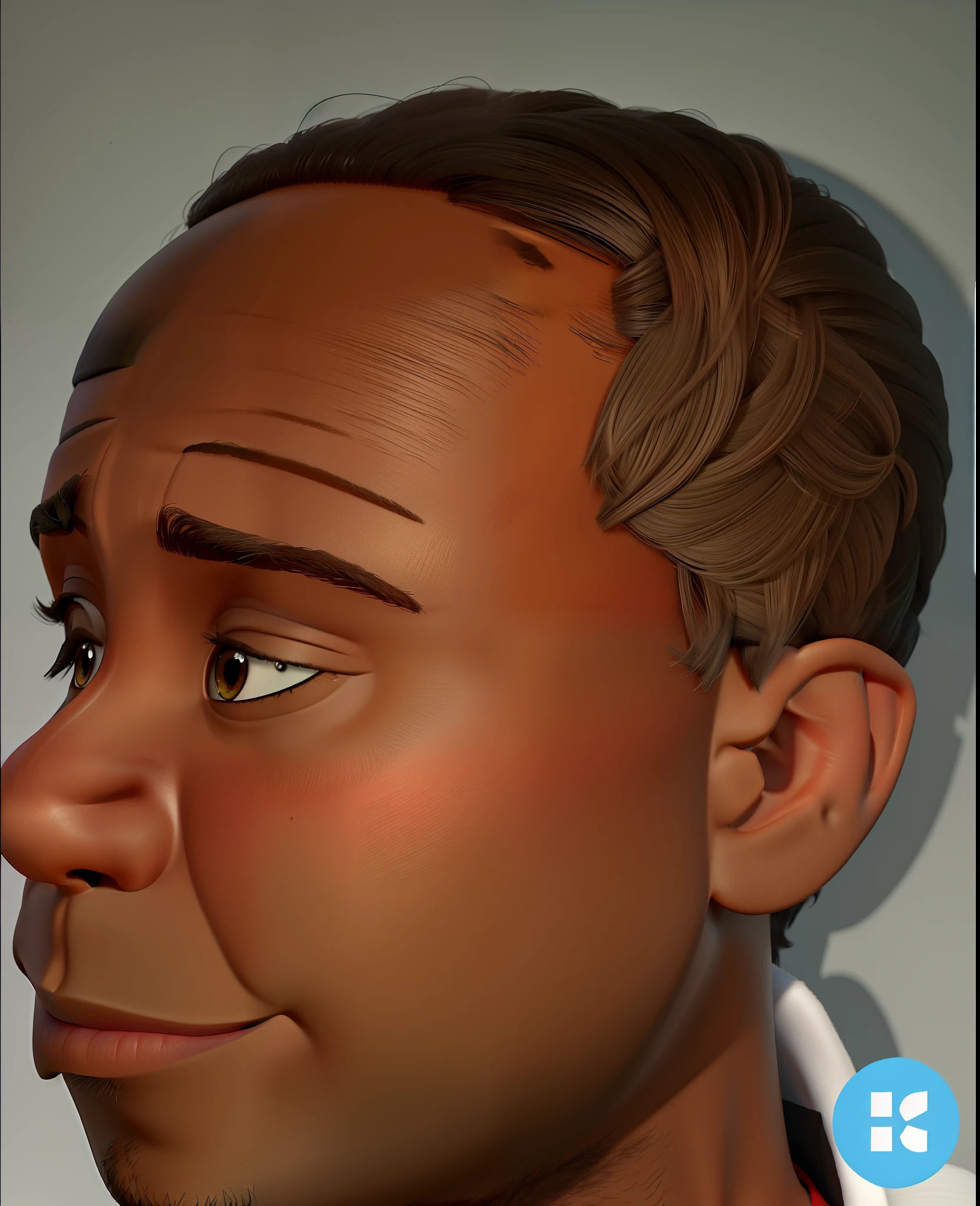 Poster no estilo Disney pixar, alta qualidade, melhor qualidade, homem negro com cabelo crespo preto, uma placa no fundo escrita "G2"